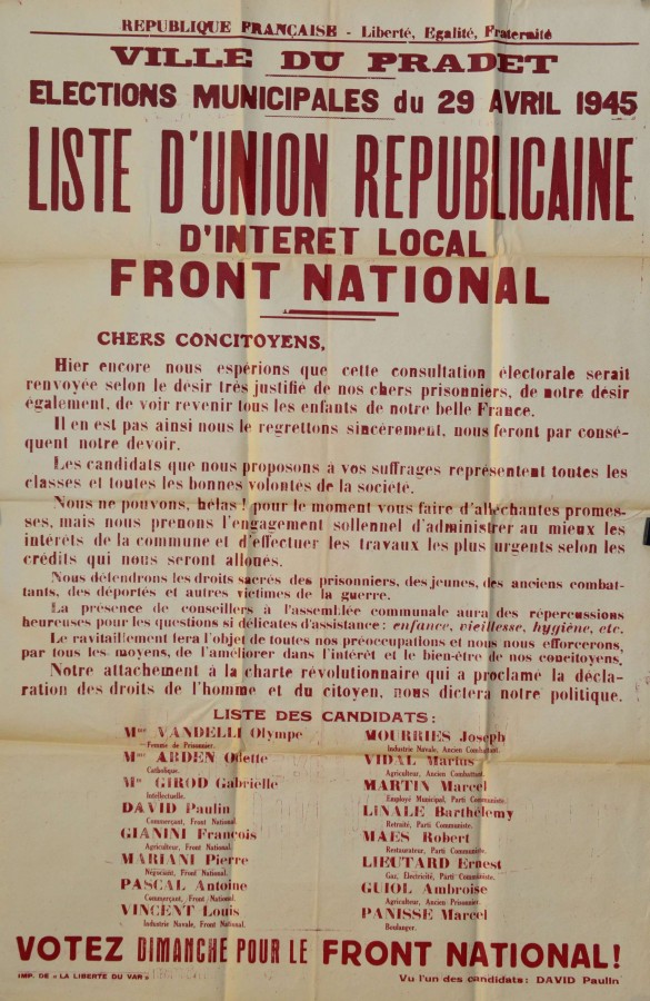 Affiche lectorale de la liste d'union rpublicaine d'intrt local - Front National pour les lections municipales du 29 avril 1945 au Pradet (2147W19)