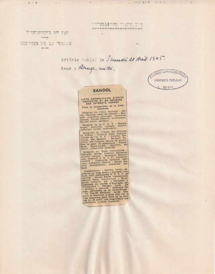 Article du journal "Rouge midi" au sujet de la liste républicaine d'unité française et de défense des intérêts locaux, 21 avril 1945 (ADV 1W151) Article du journal "Rouge midi" au sujet de la liste républicaine d'unité française et de défense des intérêts locaux, 21 avril 1945 (ADV 1W151)
