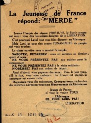 Tract de la Rsistance intitul : la jeunesse de France rpond "Merde" issu du fonds de la prfecture du Var