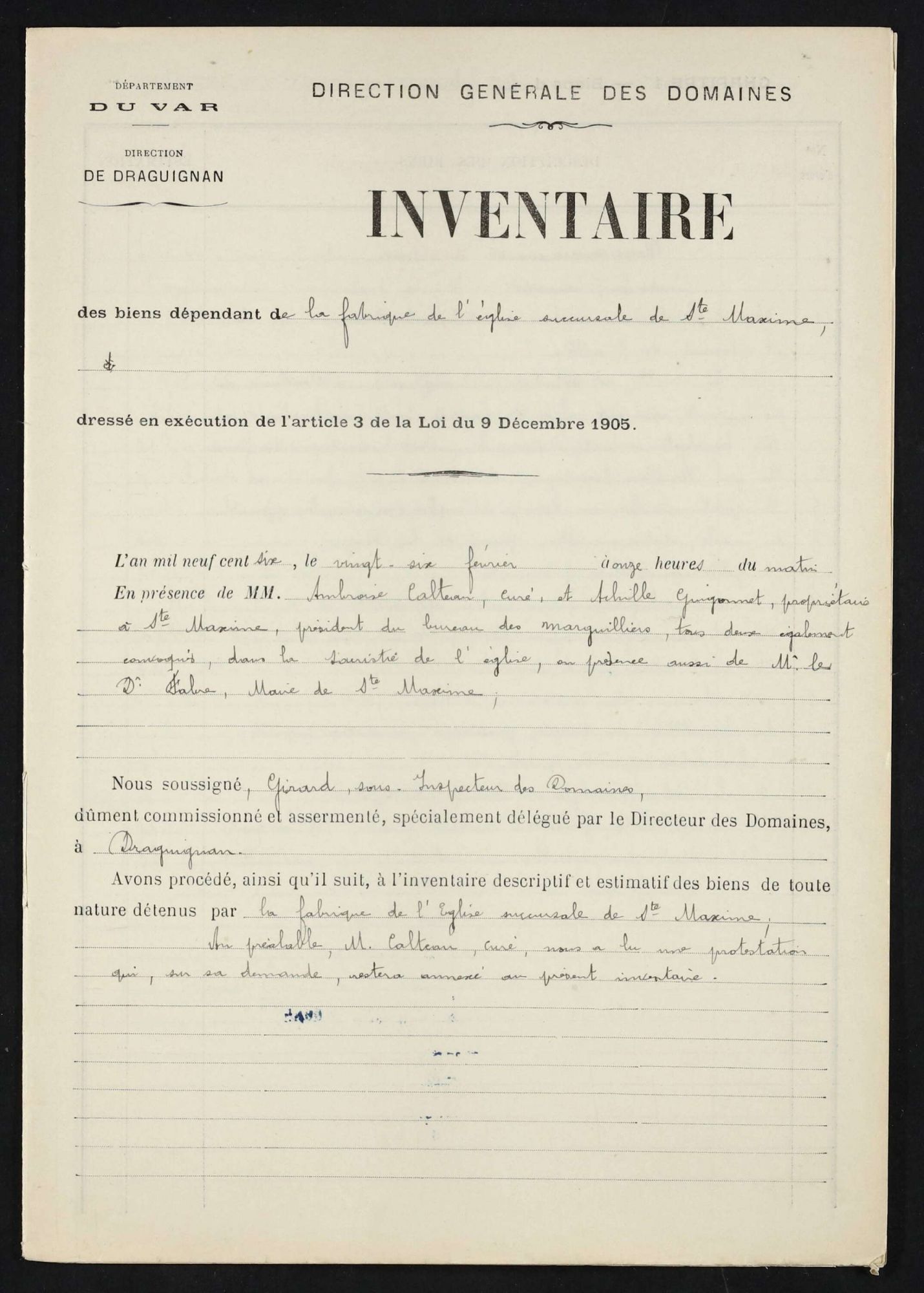 Inventaire des biens paroissiaux de 1905