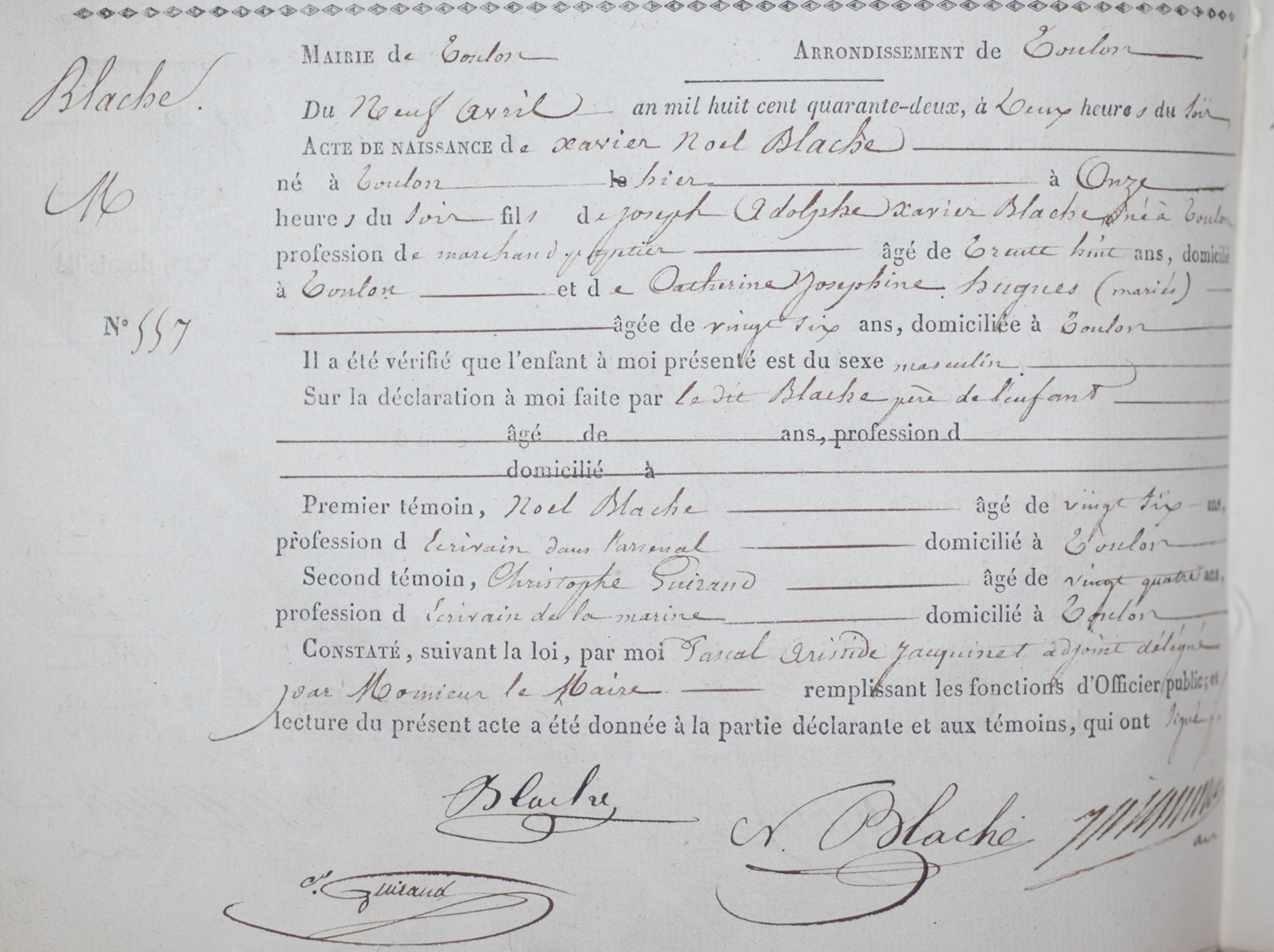 Acte de naissance de Noël Blache, le 9 avril 1842. Il décèdera en 1920, 7 E 146 / 169.