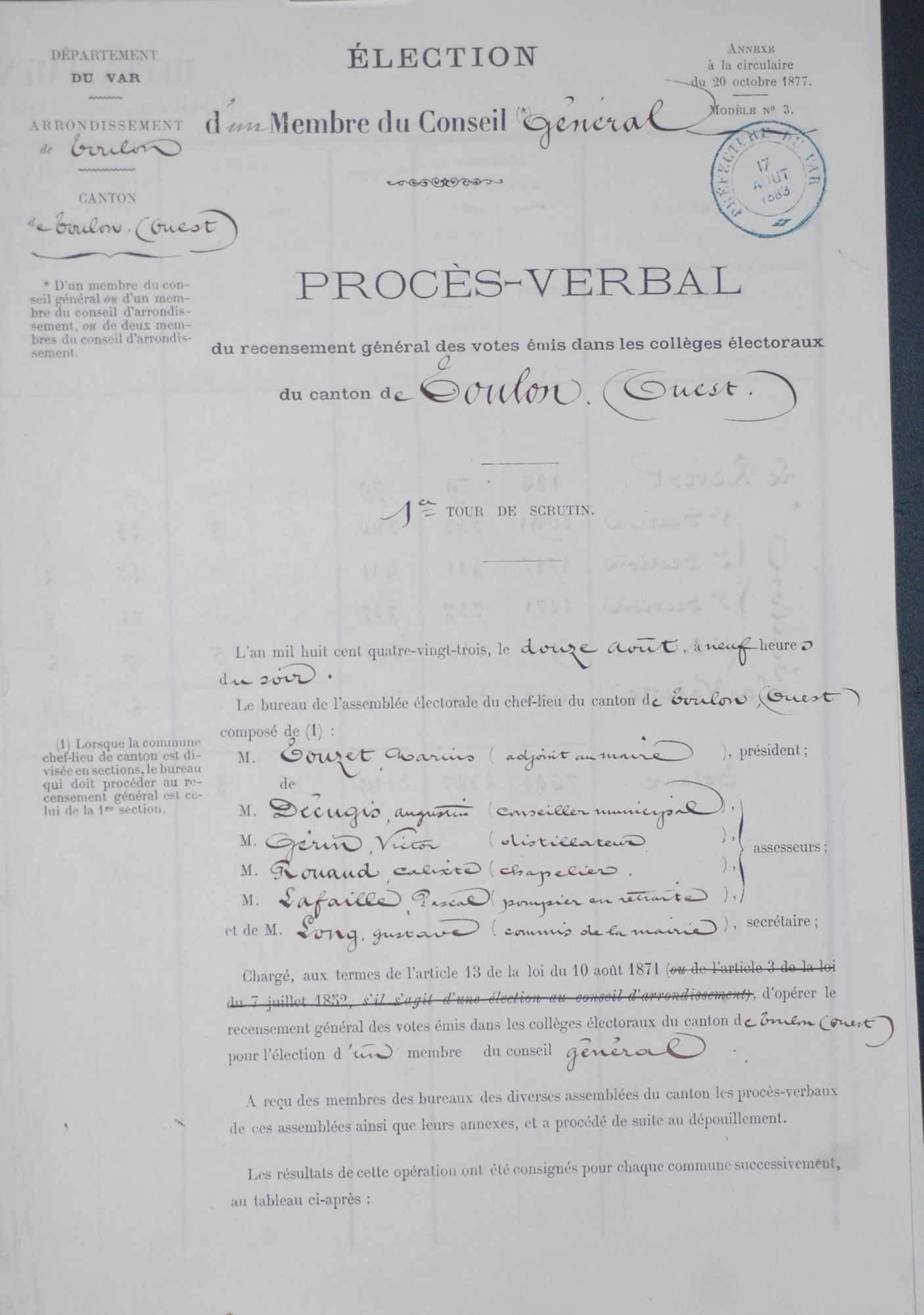 Procès-verbal d'un membre du Conseil général; canton de Toulon ouest. 2 M 5 / 132