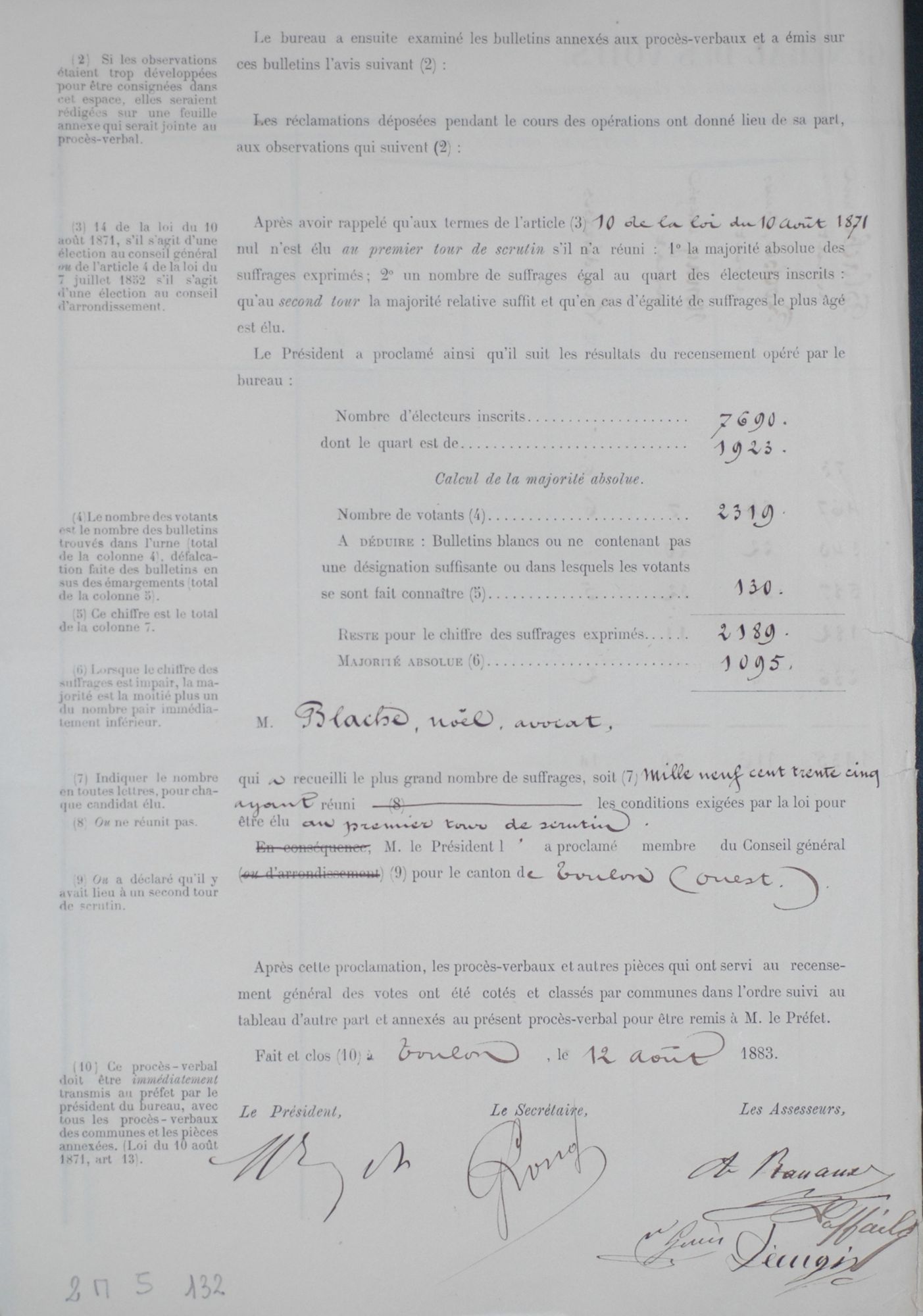 Procès-verbal d'élection d'un membre du Conseil général. 2 M 5 / 132