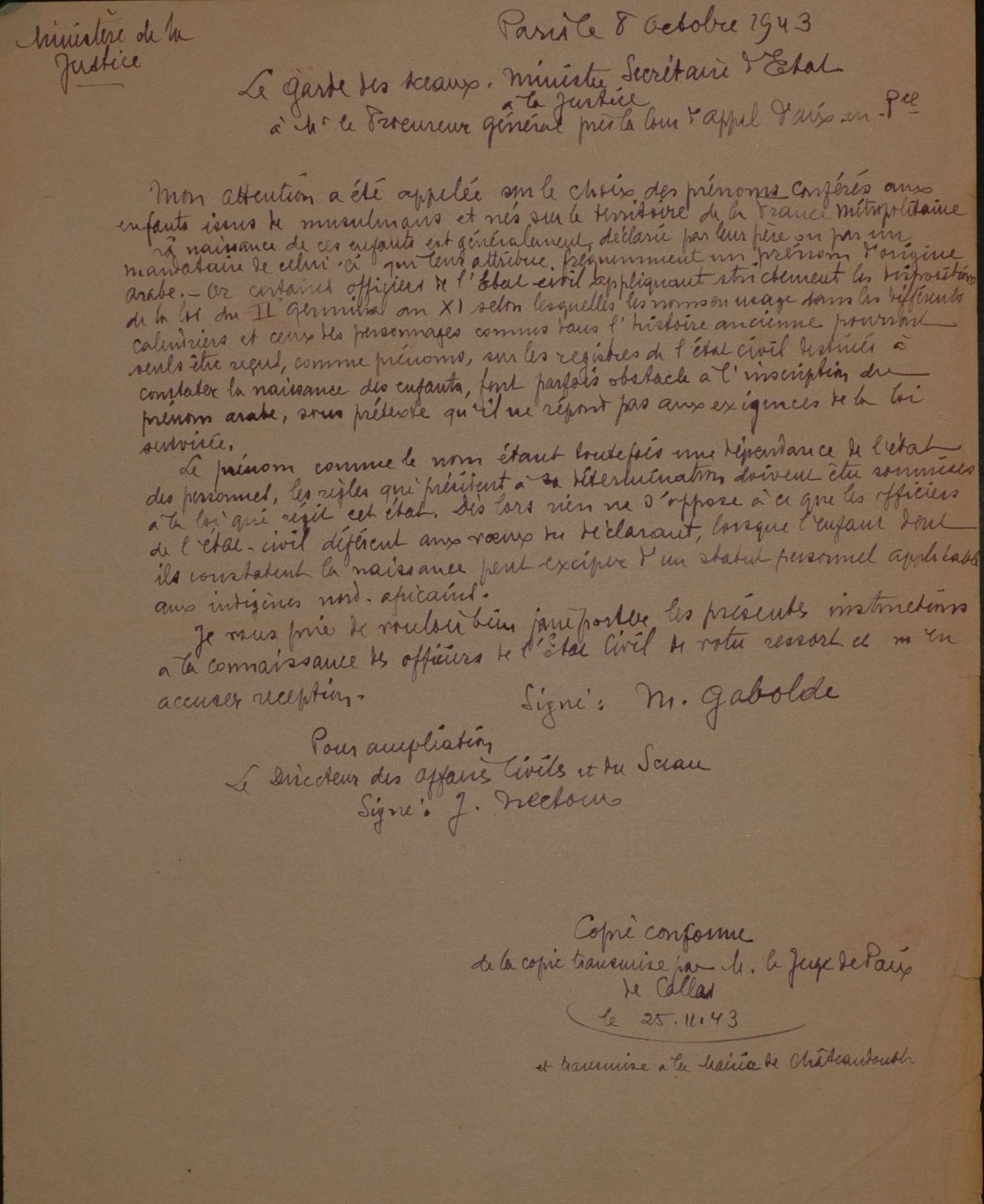 Copie d'une circulaire du ministère de la justice relative à l'attribution d'un prénom arabe aux enfants nés en France et issus de musulmans (1943) Archives communales de Figanières, E DEPOT 59 / 400