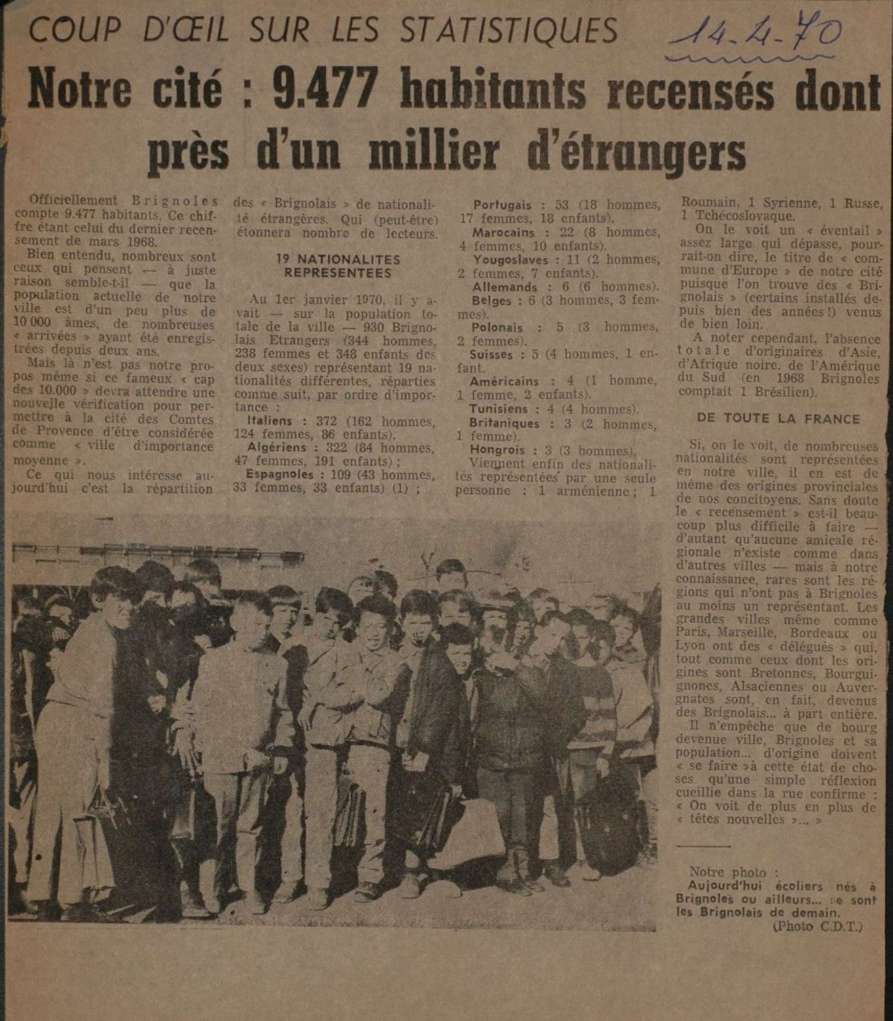 Article relatif aux étrangers à Brignoles (Le Méridional, 14 avril 1970) 1905 W 116