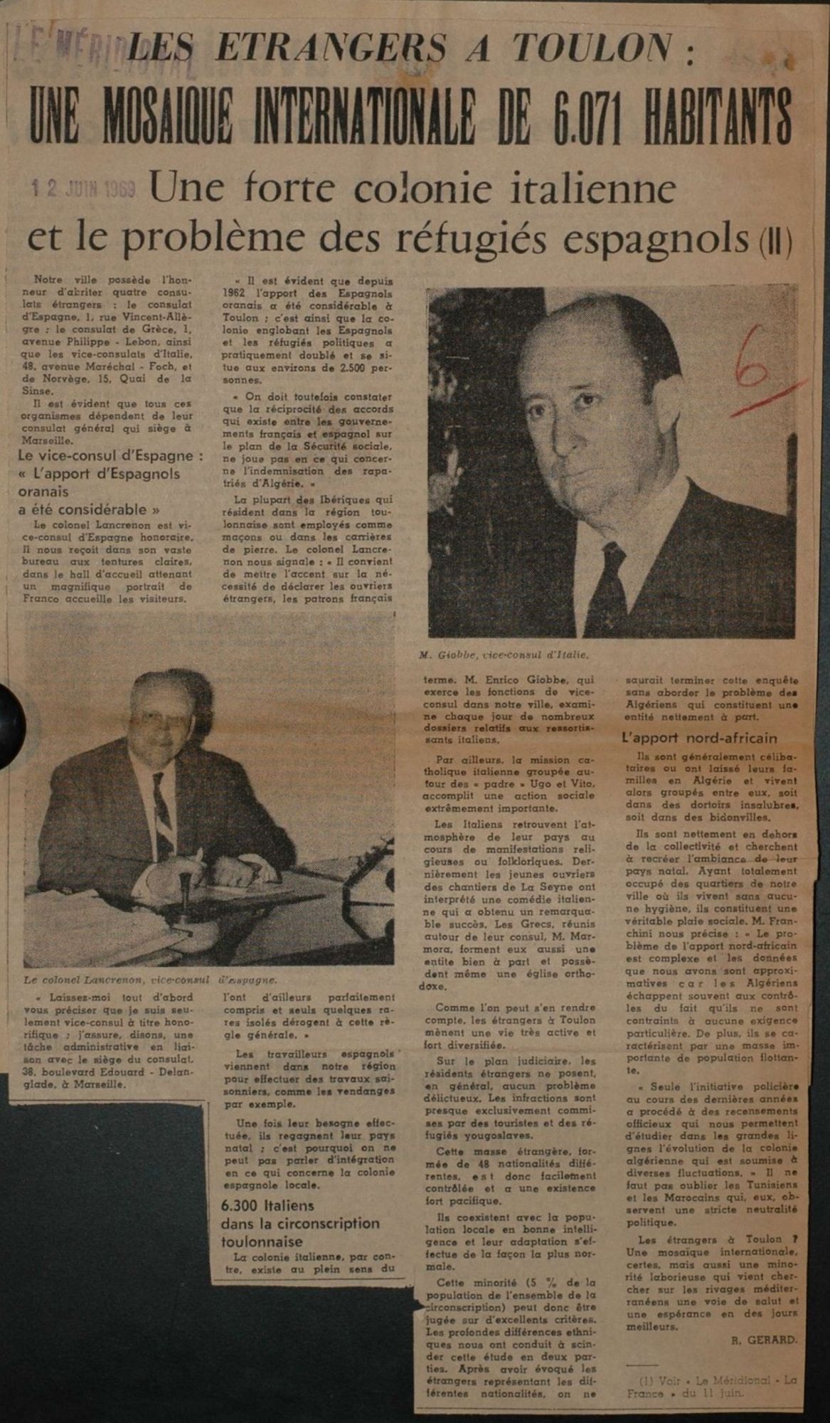 Article relatif aux étrangers à Toulon (Le Méridional, 12 juin 1969) 1905 W 116