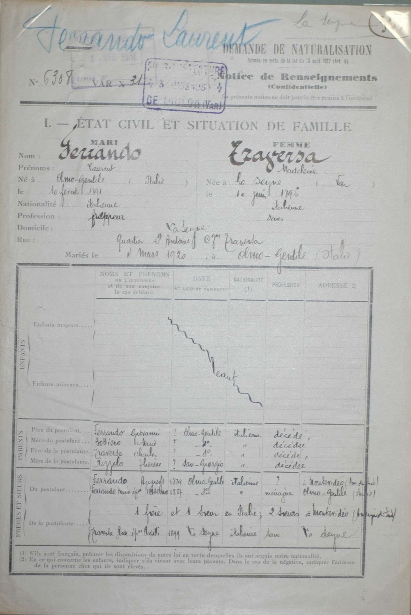 Demande de naturalisation individuelle: Ferrando Laurent et Traversa Madeleine (1931), 6 M 510