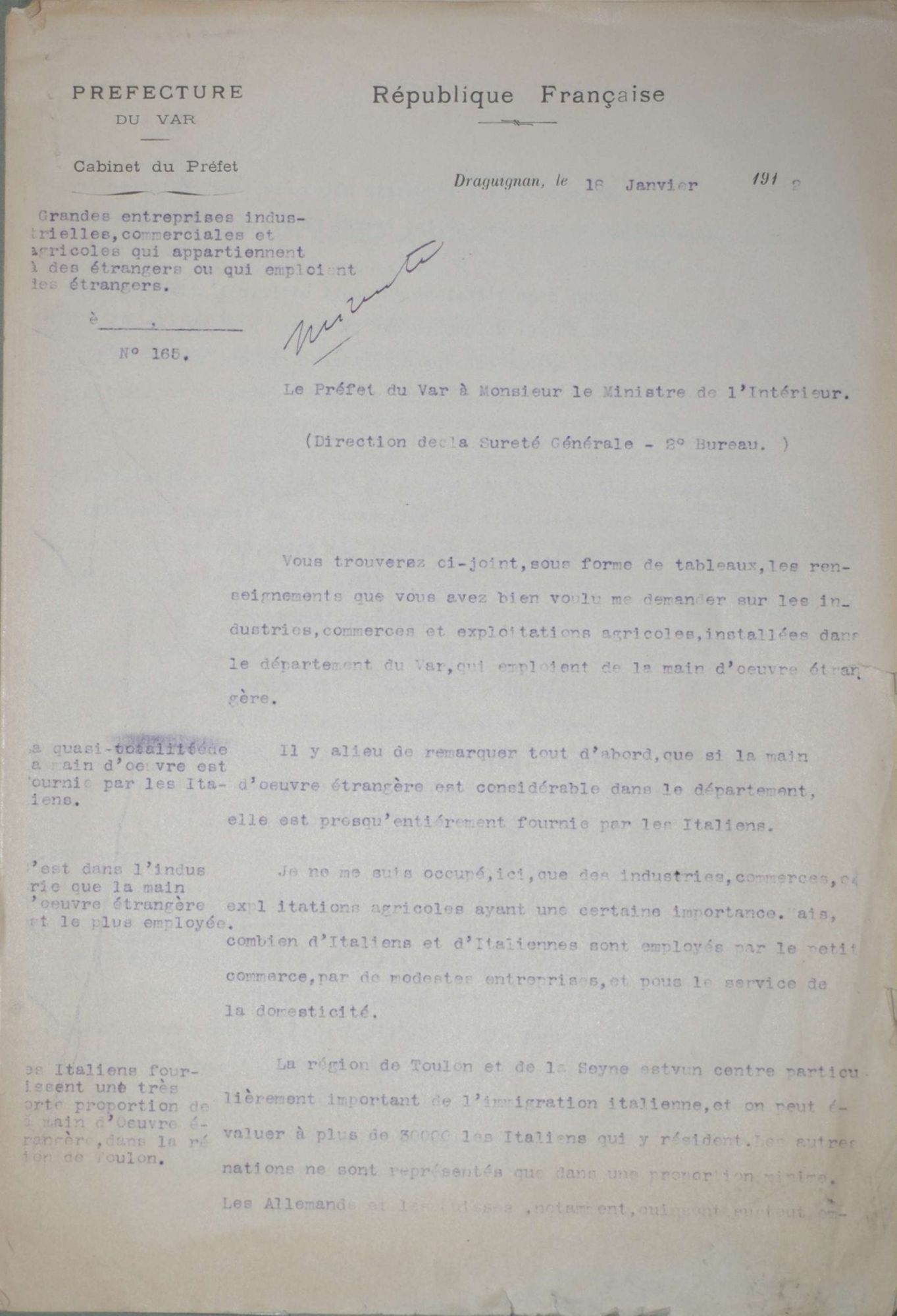 Minute d'un rapport préfectoral au ministère de l'intérieur relatif aux grandes entreprises industrielles, commerciales et agricoles appartenant à des étrangers ou employant des étrangers. (1912), 10 M 18