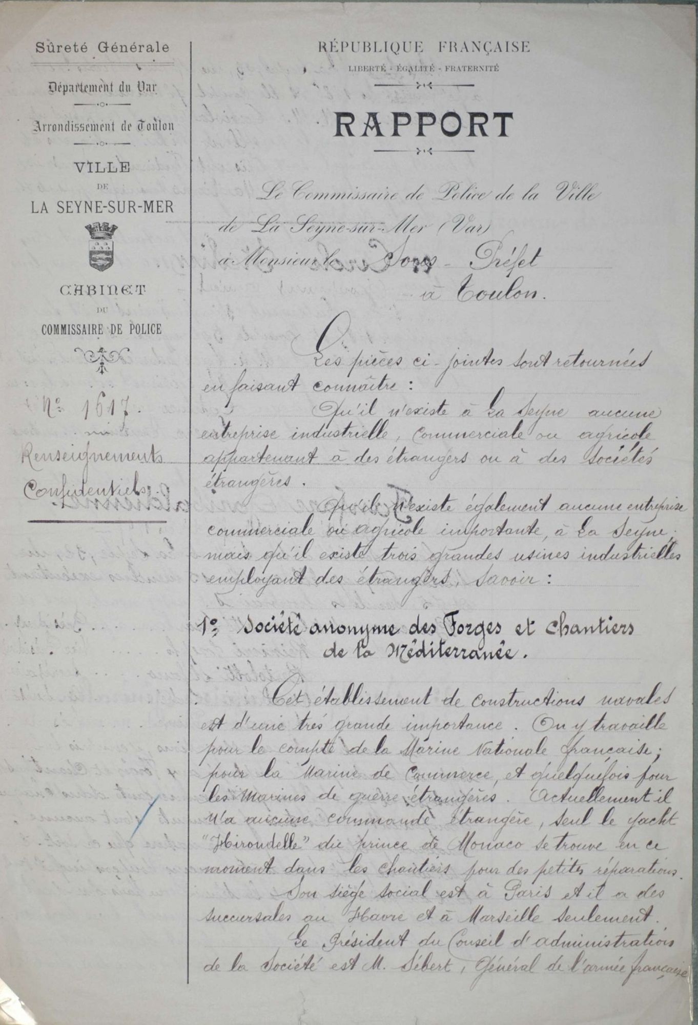 Rapport du commissaire de police de La Seyne sur mer relatif aux entreprises industrielles, commerciales ou agricoles appartenant à des étrangers ou à des sociétés étrangères, et à des associations ou groupements d'étrangers (1912), 10 M 18