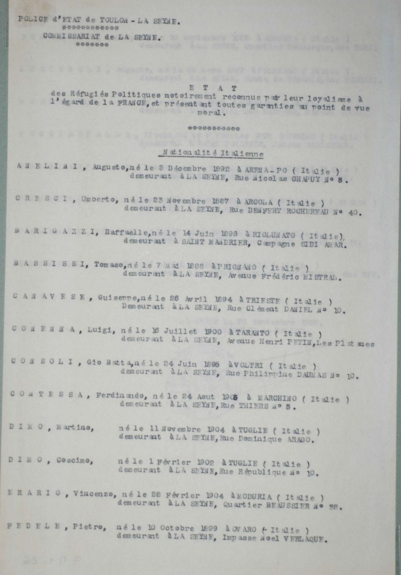 Etat nominatif des réfugiés politiques notoirement reconnus pour leur loyalisme à l'égard de la France (1938), 4 M 112