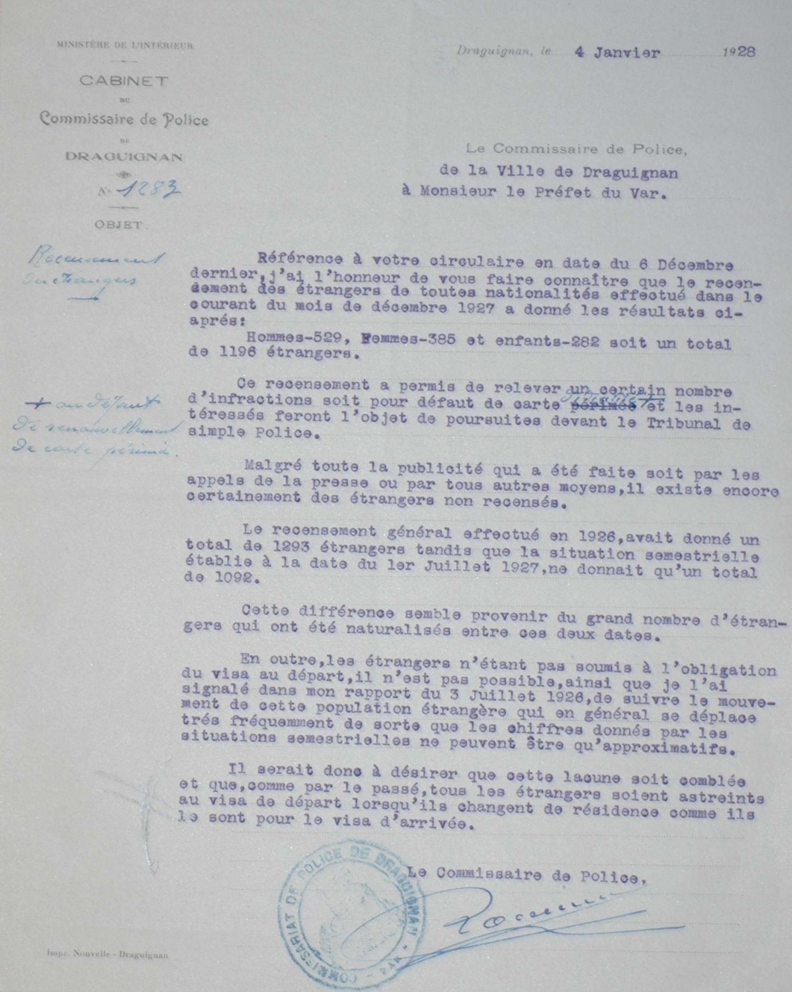 Lettre du commissaire de police de Draguignan relative au recensement des étrangers en résidence à Draguignan en décembre 1927 (1928), 4 M 100