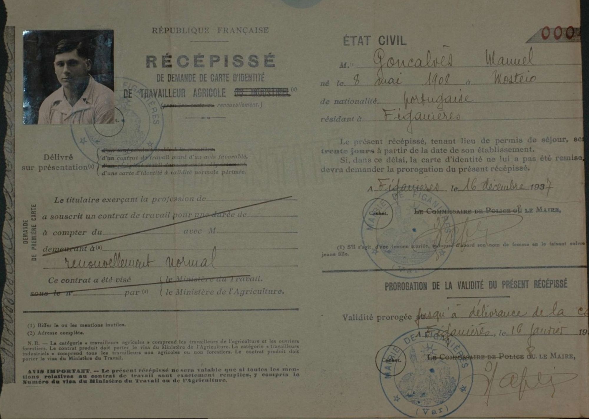 Récépissé de demande de carte d'invalidité de travailleur agricole: Goncalves Manuel Joachim (1938) Archives communales de Figanières, E DEPOT 59 / 312