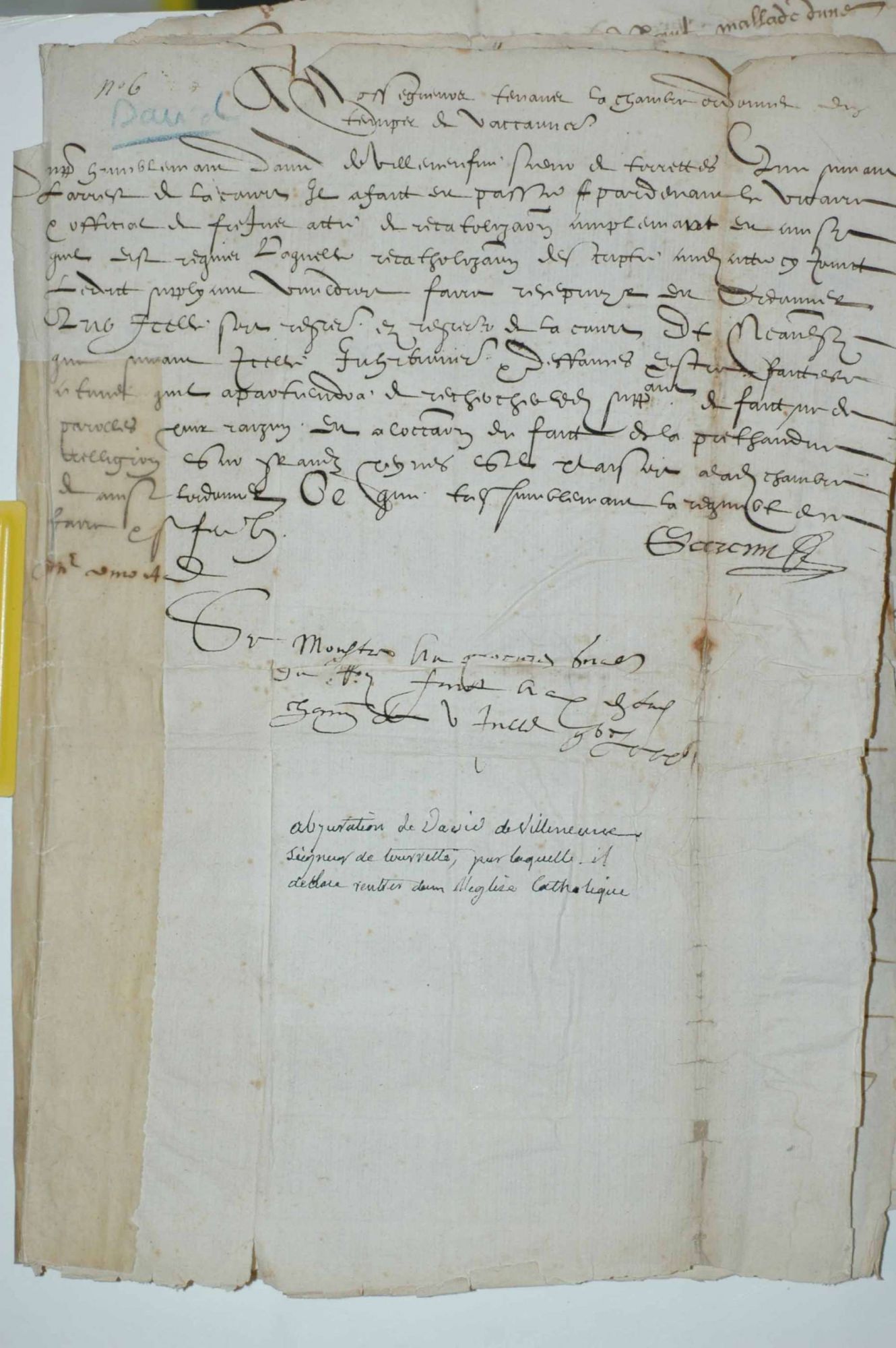 Acte d'abjuration du protestantisme par David de Villeneuve, seigneur de Tourrettes, fils de Jean II (1586)