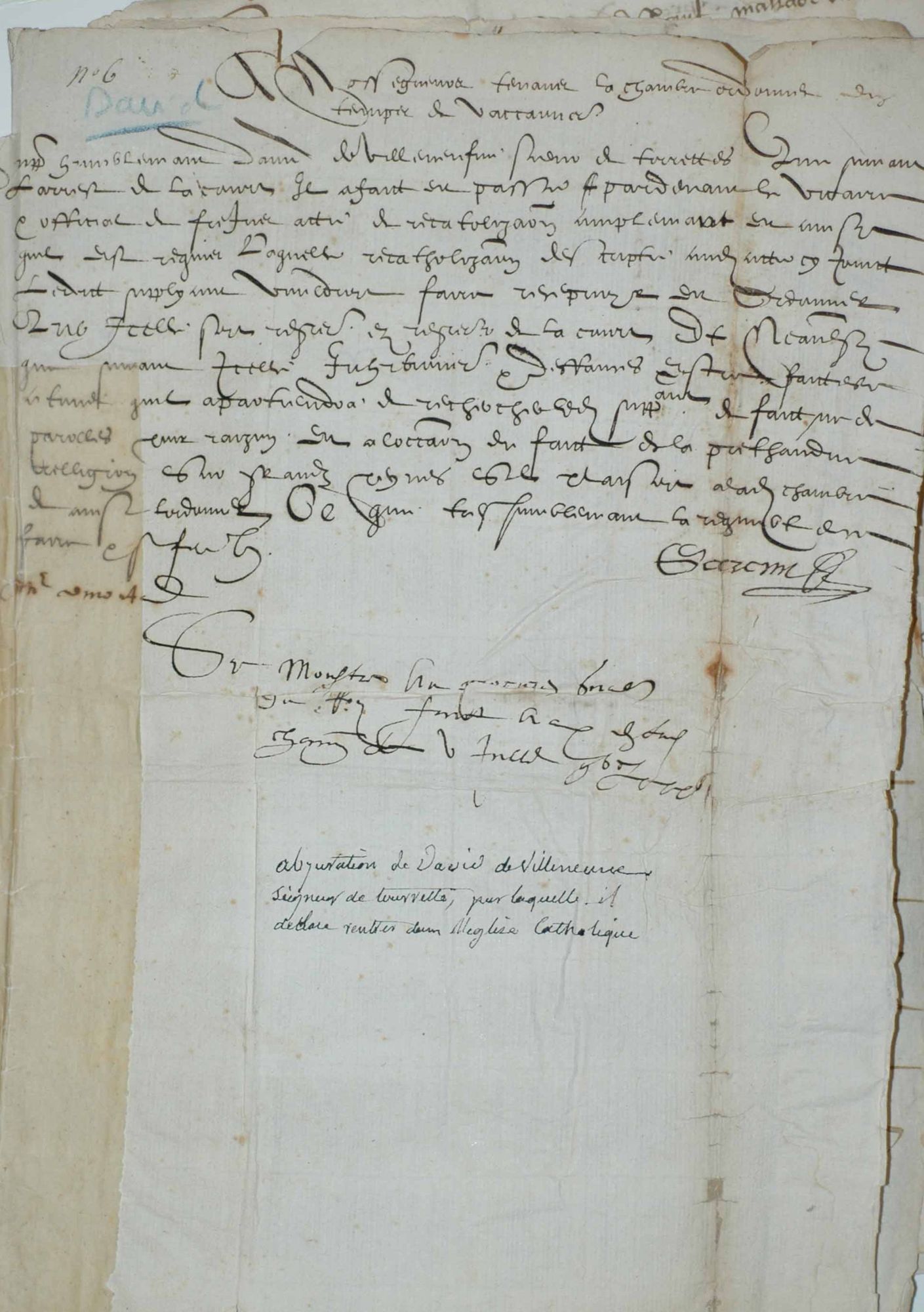 Acte d'abjuration du protestantisme par David de Villeneuve, seigneur de Tourrettes, fils de Jean II (1586)