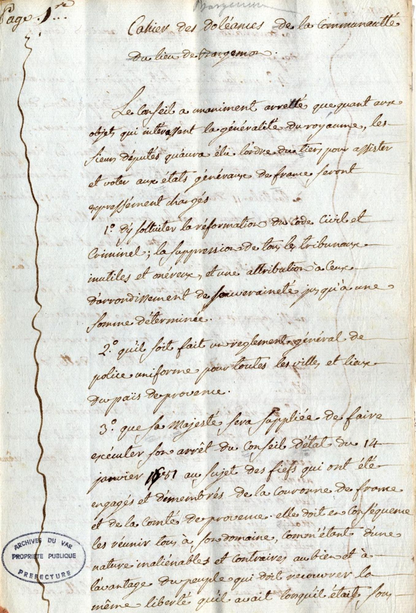 Cahier de doléances de la communauté de Bargemon