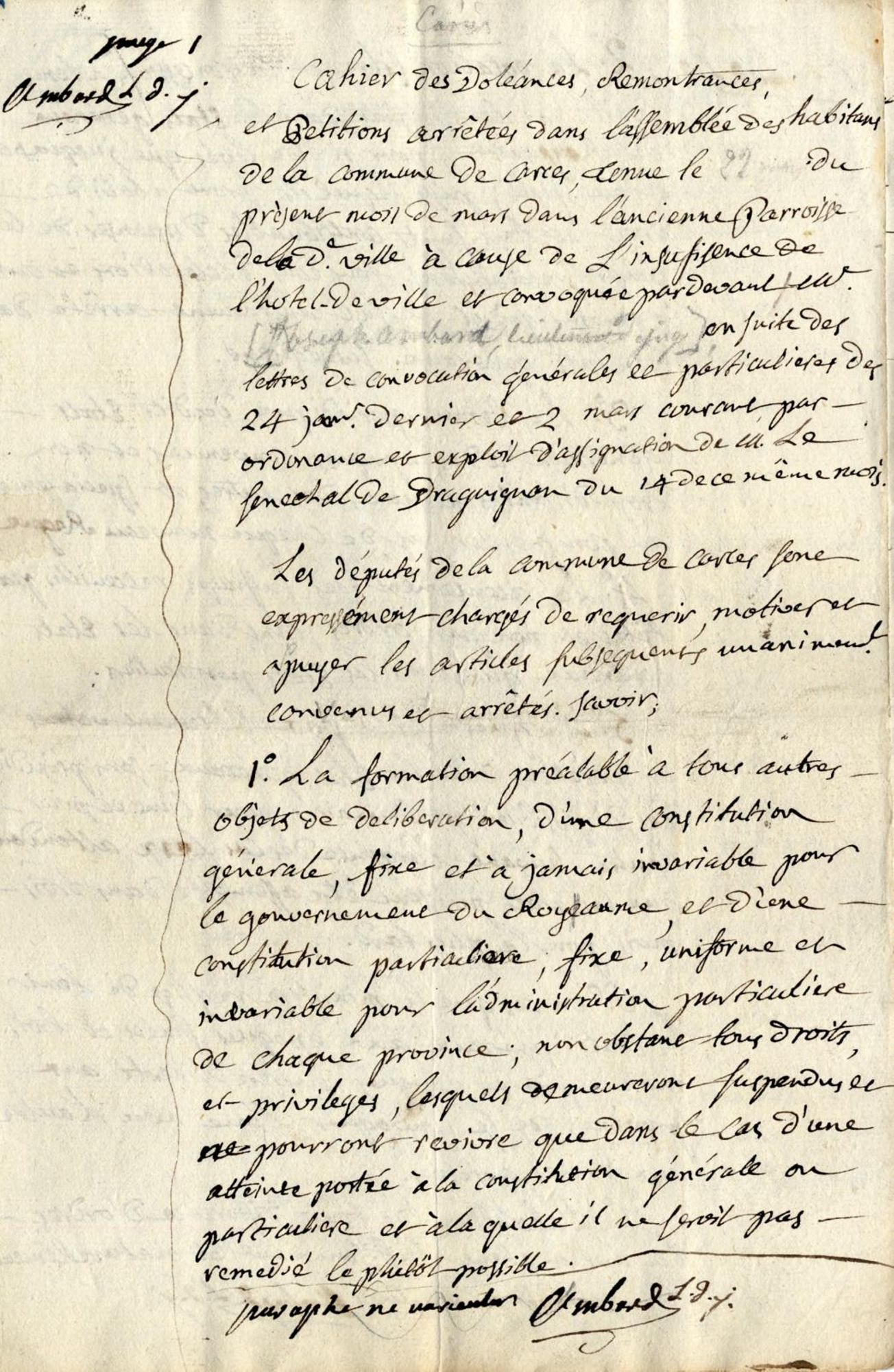 Cahier de doléances de la communauté de Carcès