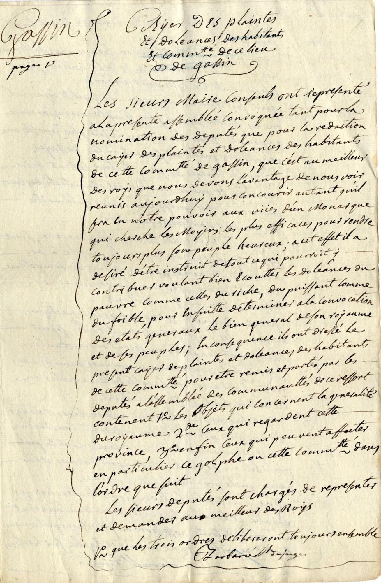 Cahier de doléances de la communauté de Gassin