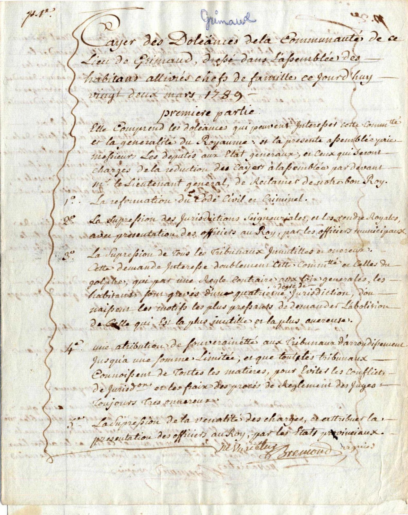 Cahier de doléances de la communauté de Grimaud