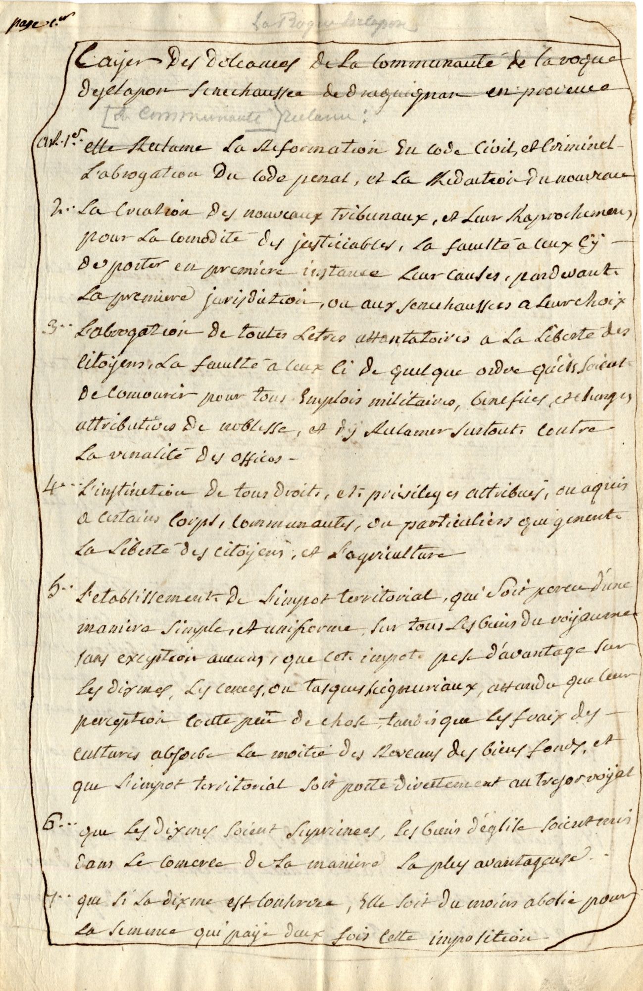 Cahier de doléances de la communauté d'habitants de La Roque-Esclapon