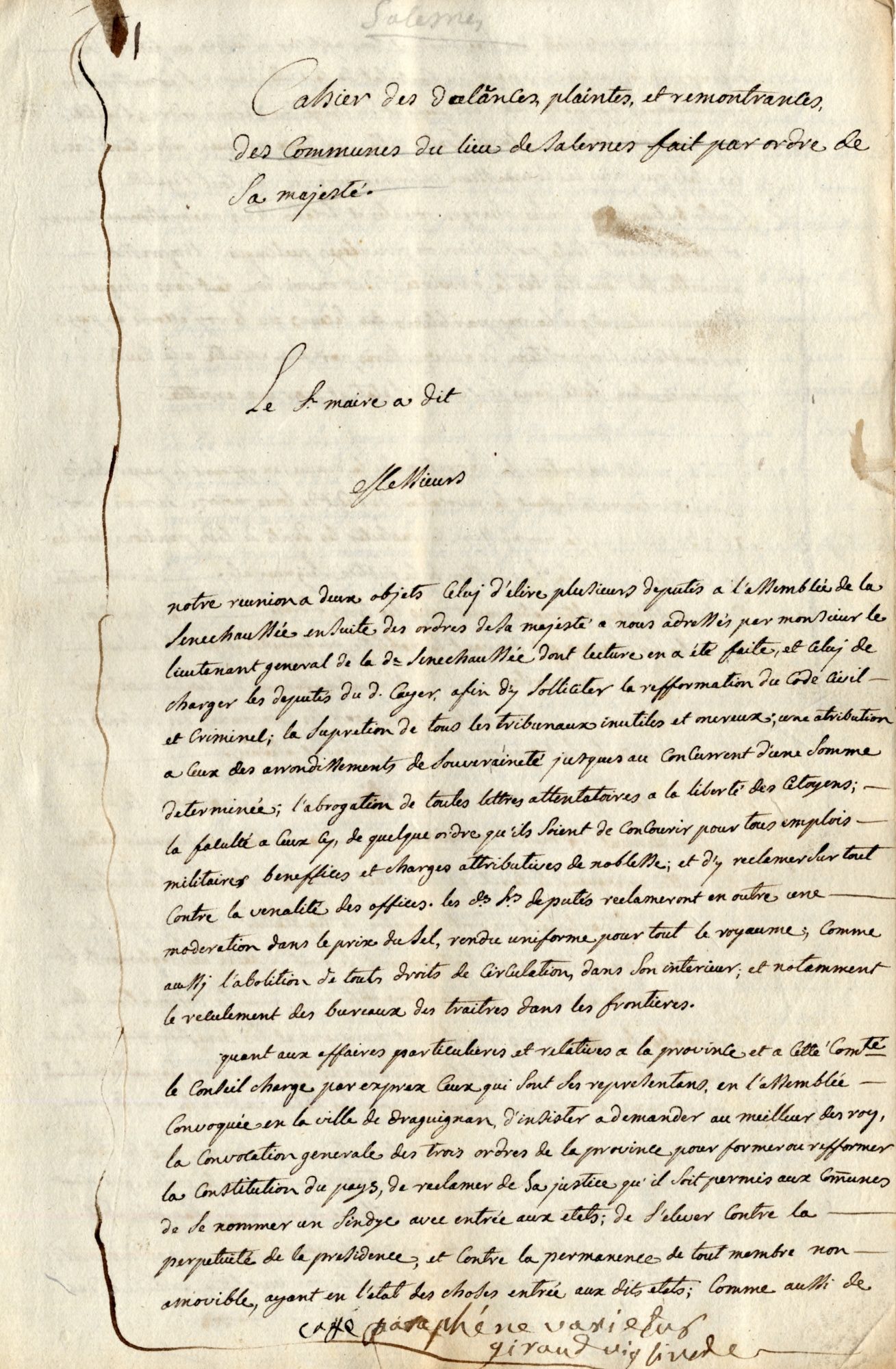 Cahier de doléances de la communauté d'habitants de Salernes