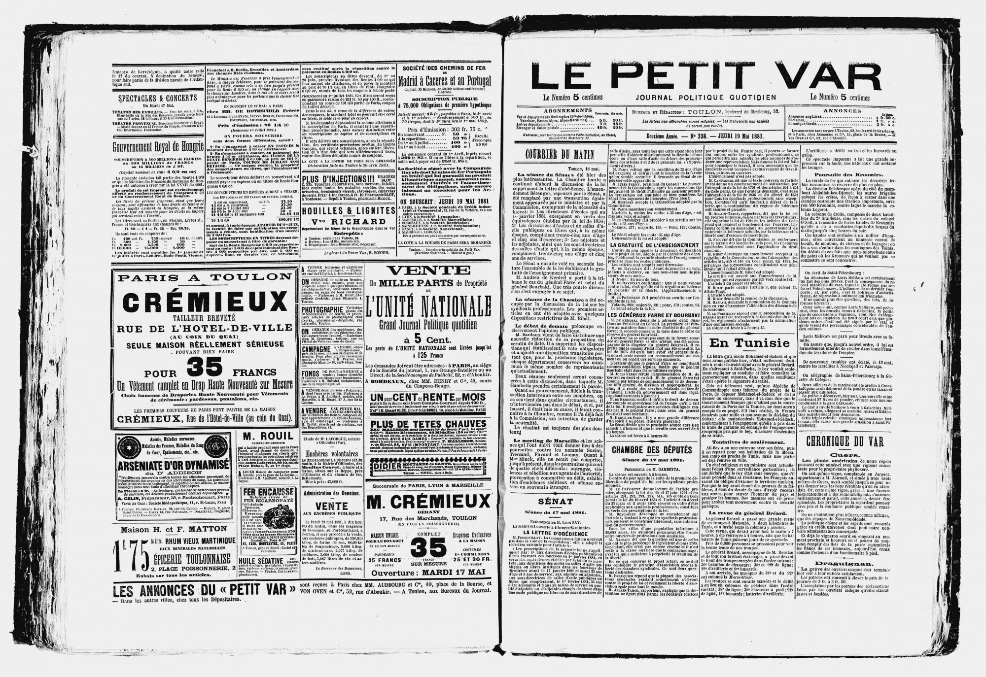 Article du Petit Var relatif à la gratuité de l'enseignement daté du 19 mai 1881