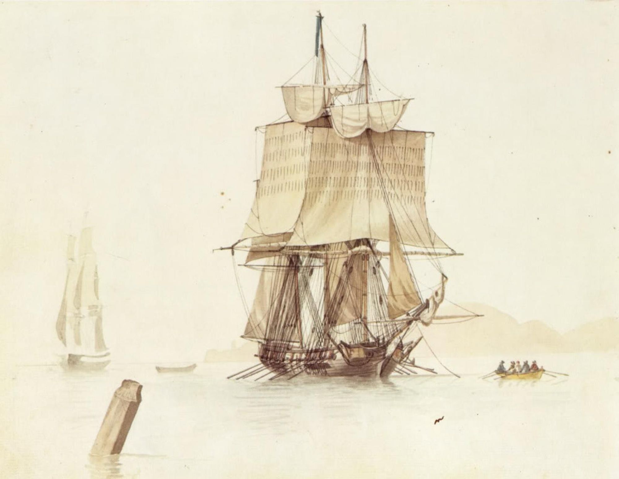 Aquarelle de Jean-Joseph Rux représentant le le corsaire de Toulon La babiole