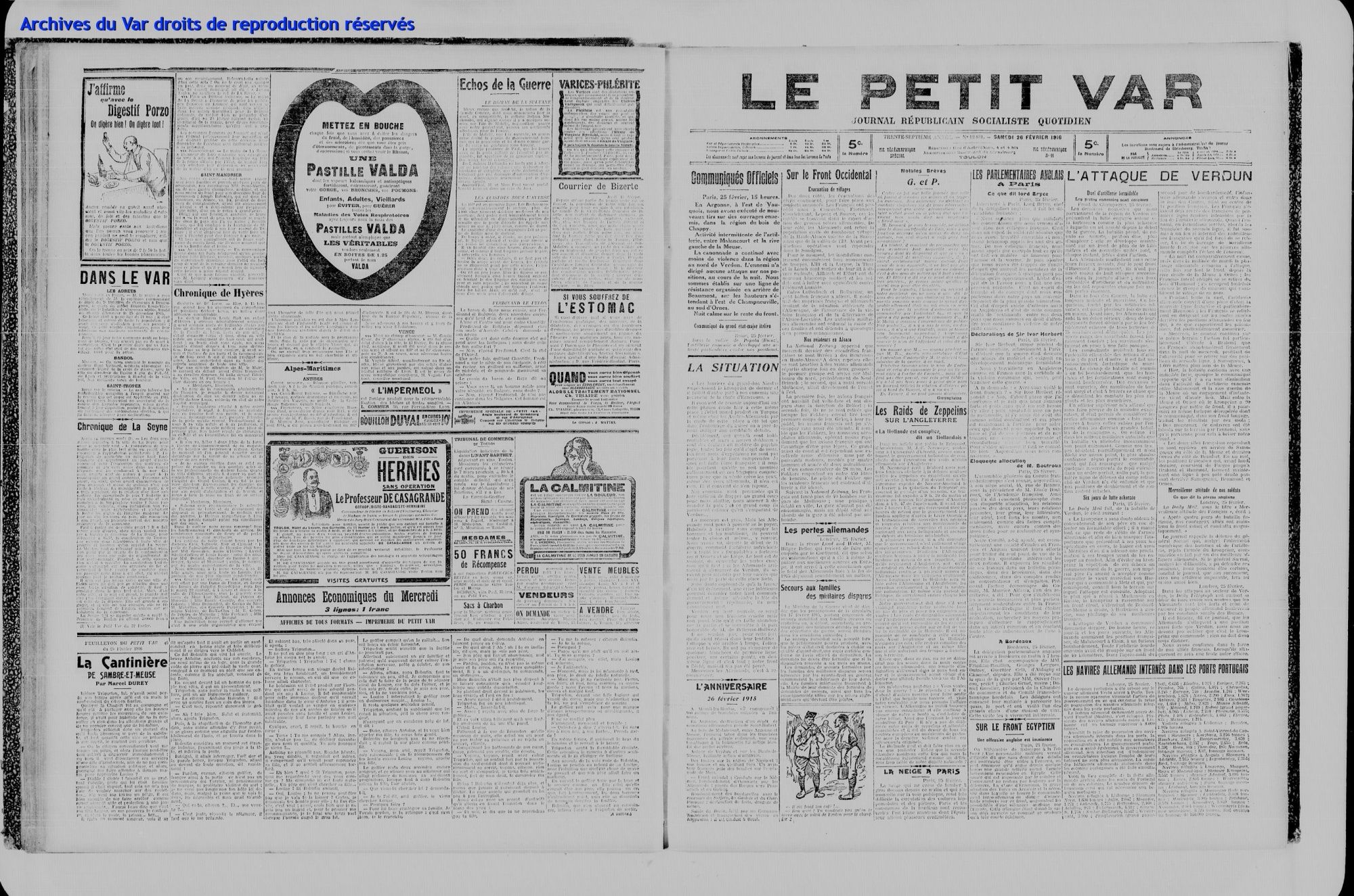 Article du Petit Var relatant l'attaque de Verdun (26 février 1916)