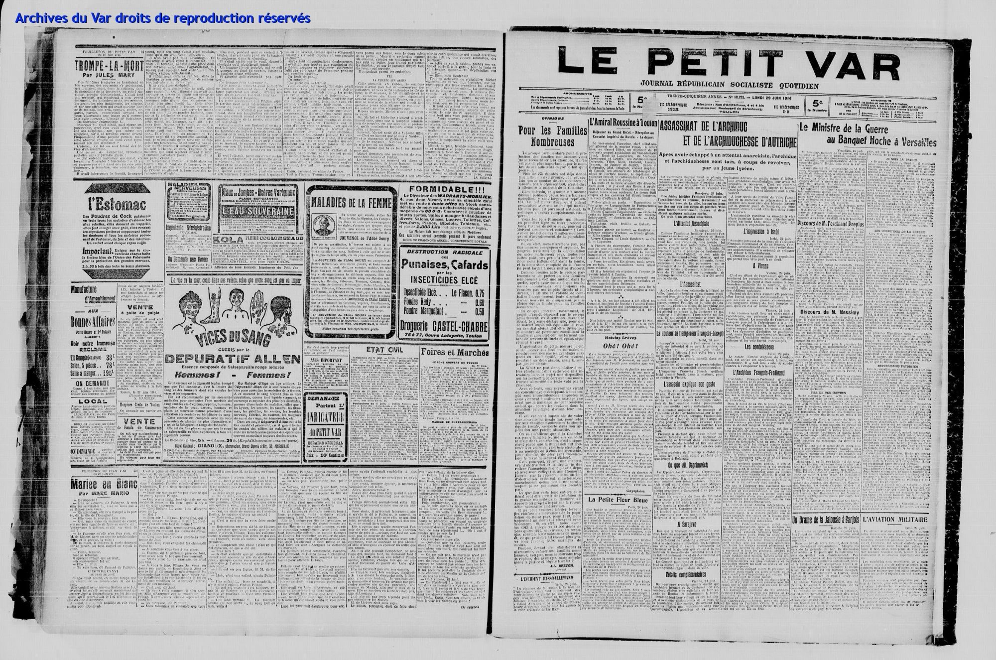 Une du Petit Var datée du 29 juin 1914