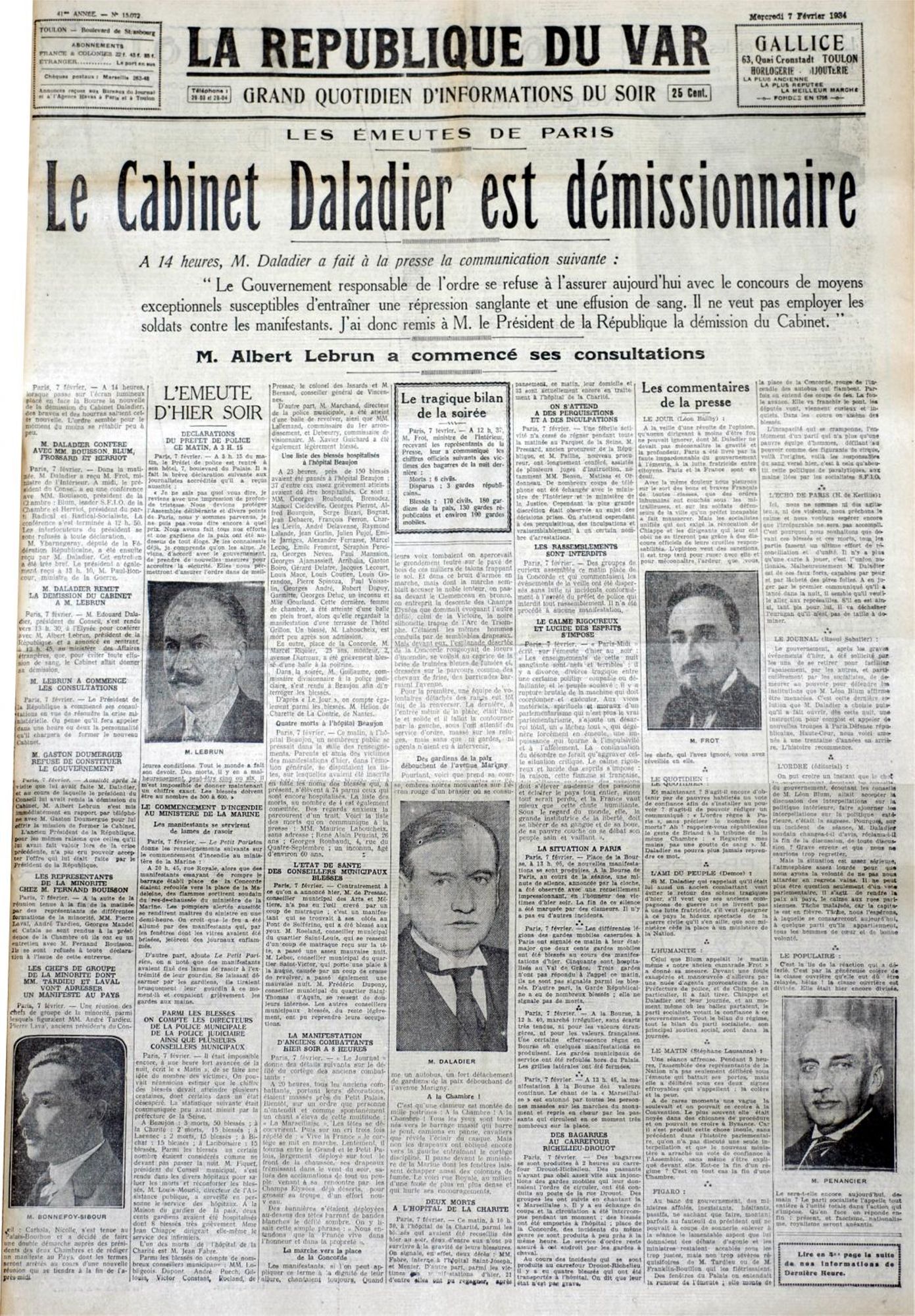 Une de "La république du Var" le 7 février 1934