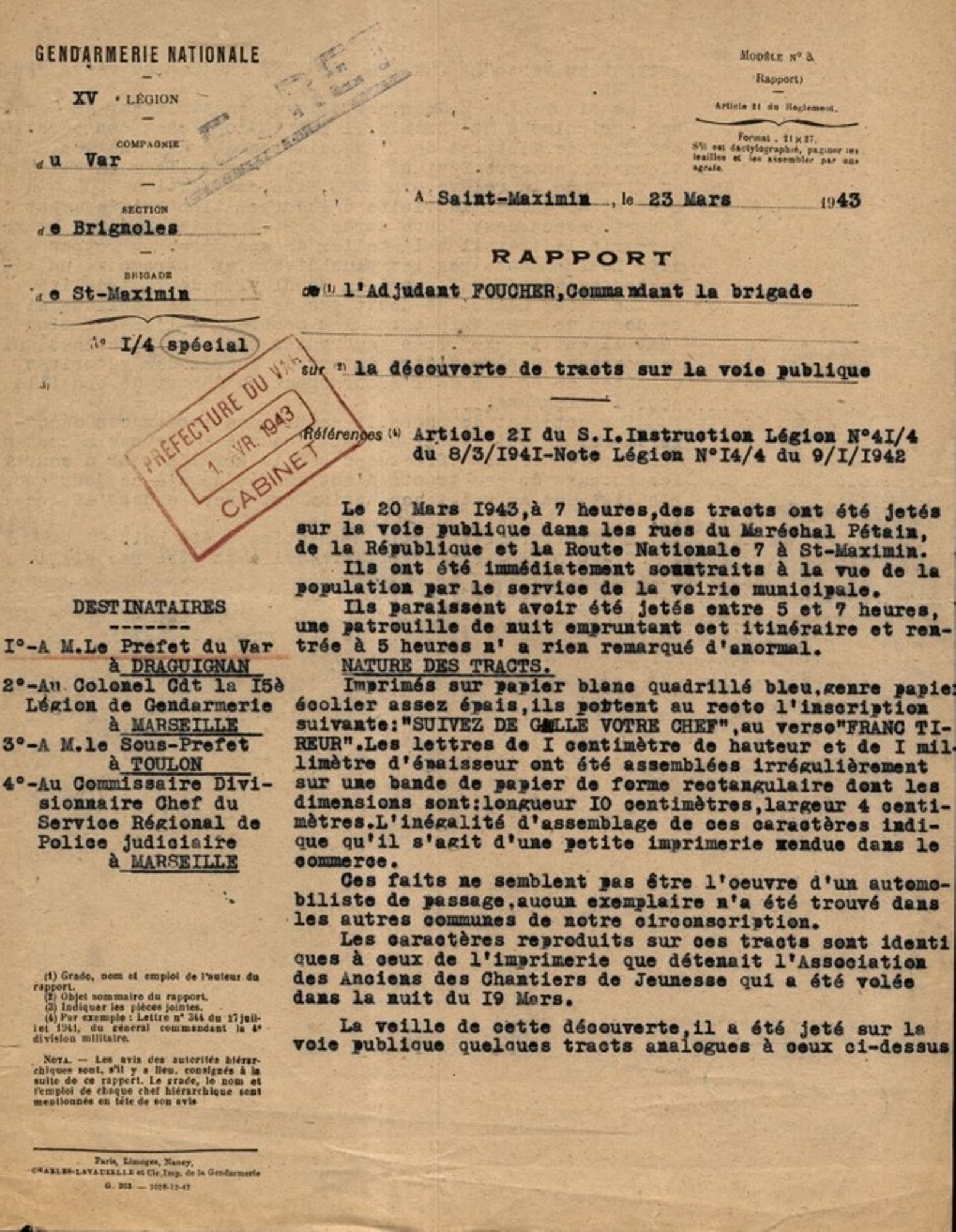 Rapport du commandant de la brigade de Saint-Maximin sur la découverte de tracts sur la voie publique