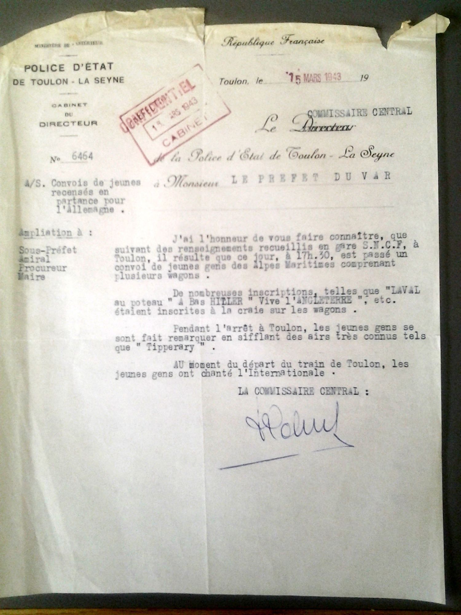 Rapport de police relatif à un convoi de jeunes recensés en partance pour l'Allemagne