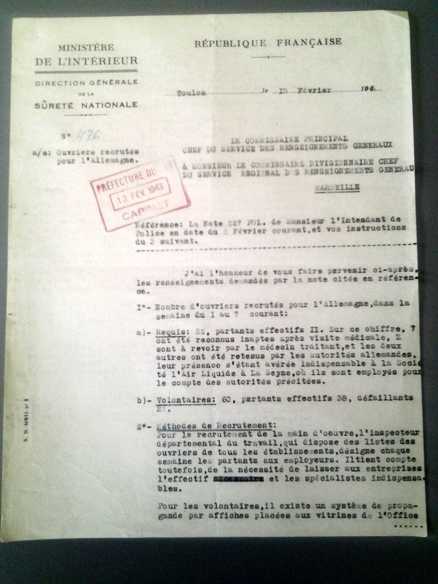 Instructions des Renseignements Généraux concernant les ouvriers recrutés pour l'Allemagne