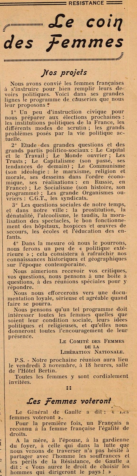 Article du journal "Résistance" daté du 1er novembre 1944 (ADV 39 PRS 1)