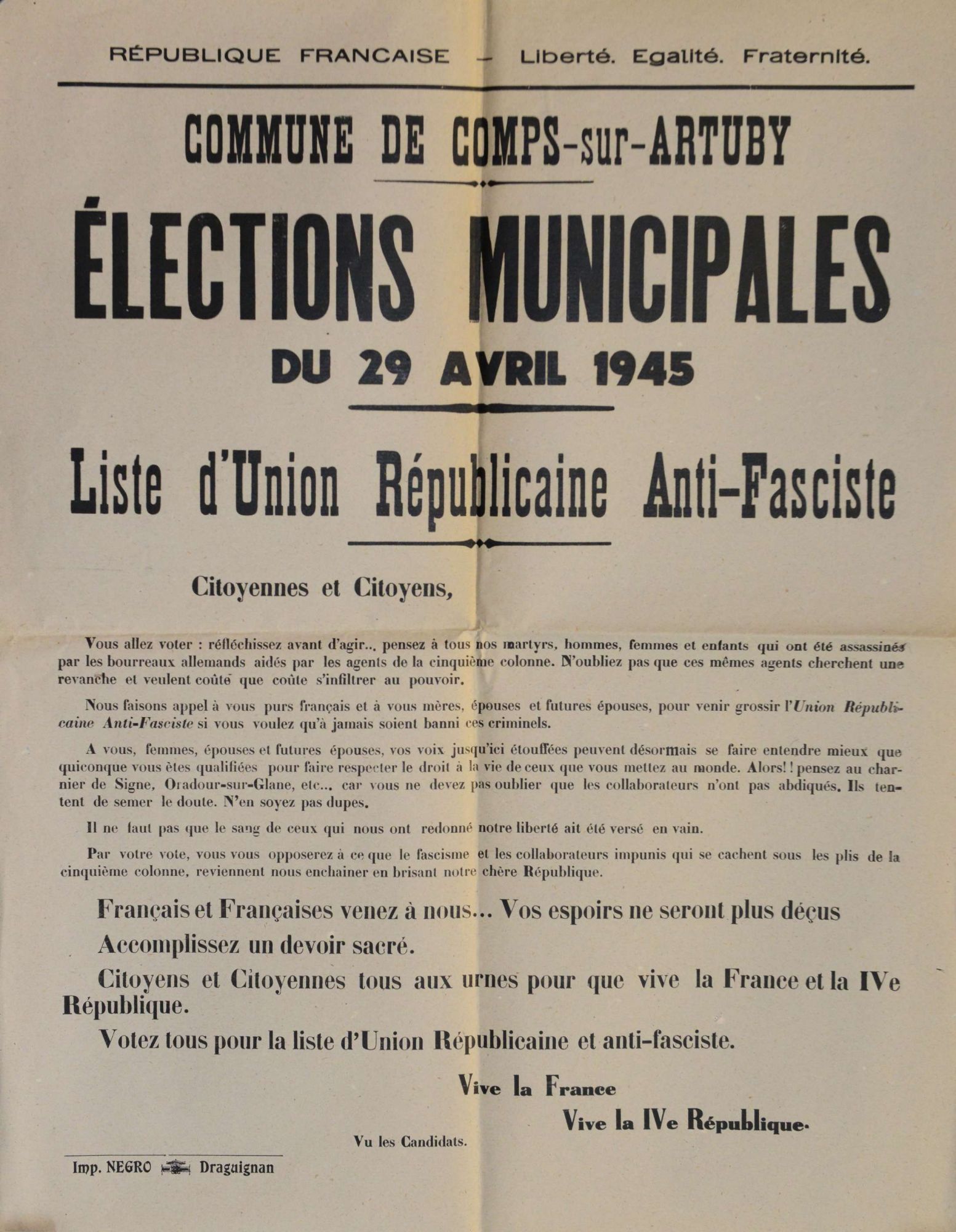 Affiche électorale de la liste d'union républicaine anti-fasciste de Comps-sur-Artuby pour les élections municipales du 29 avril 1945 (2147 W 90)