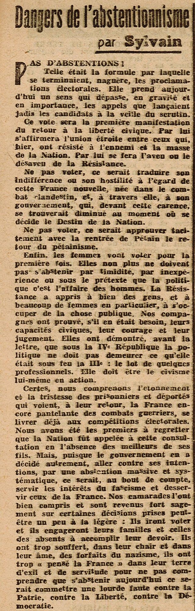 Article du journal "La liberté du Var" daté du 29 avril 1945 (ADV 215 PRS 1)
