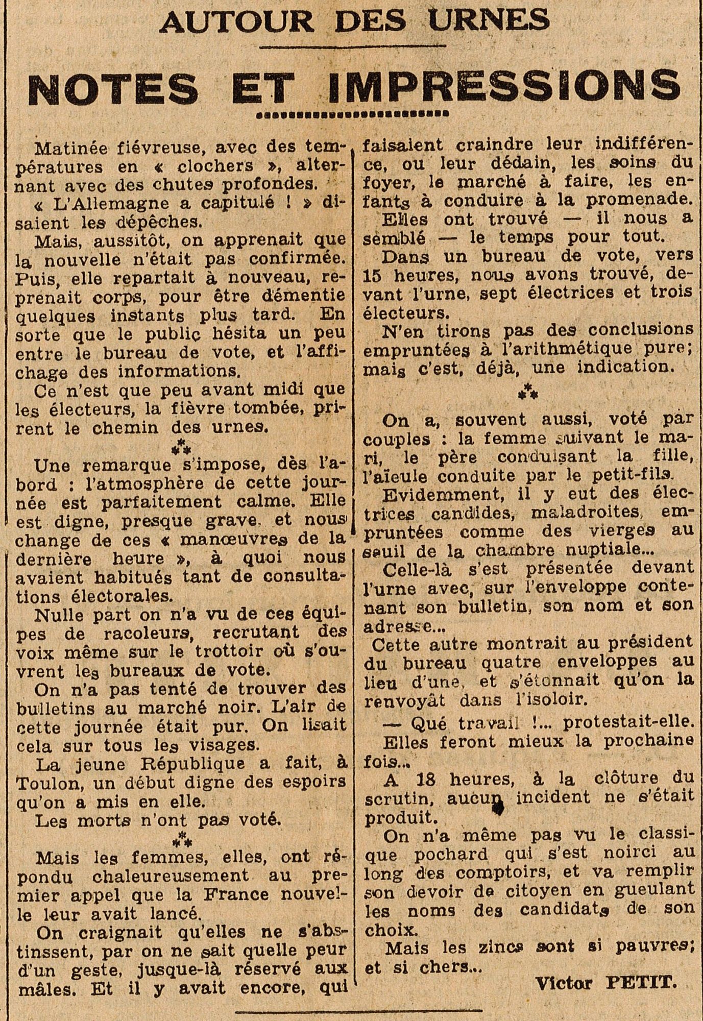 Article du journal "La liberté du Var" daté du 30 avril 1945 (ADV 215 PRS 1)