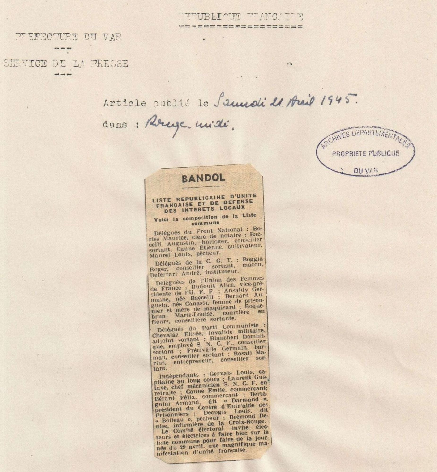 Article du journal "Rouge midi" au sujet de la liste républicaine d'unité française et de défense des intérêts locaux à Bandol, 21 avril 1945 (ADV 1 W 151)