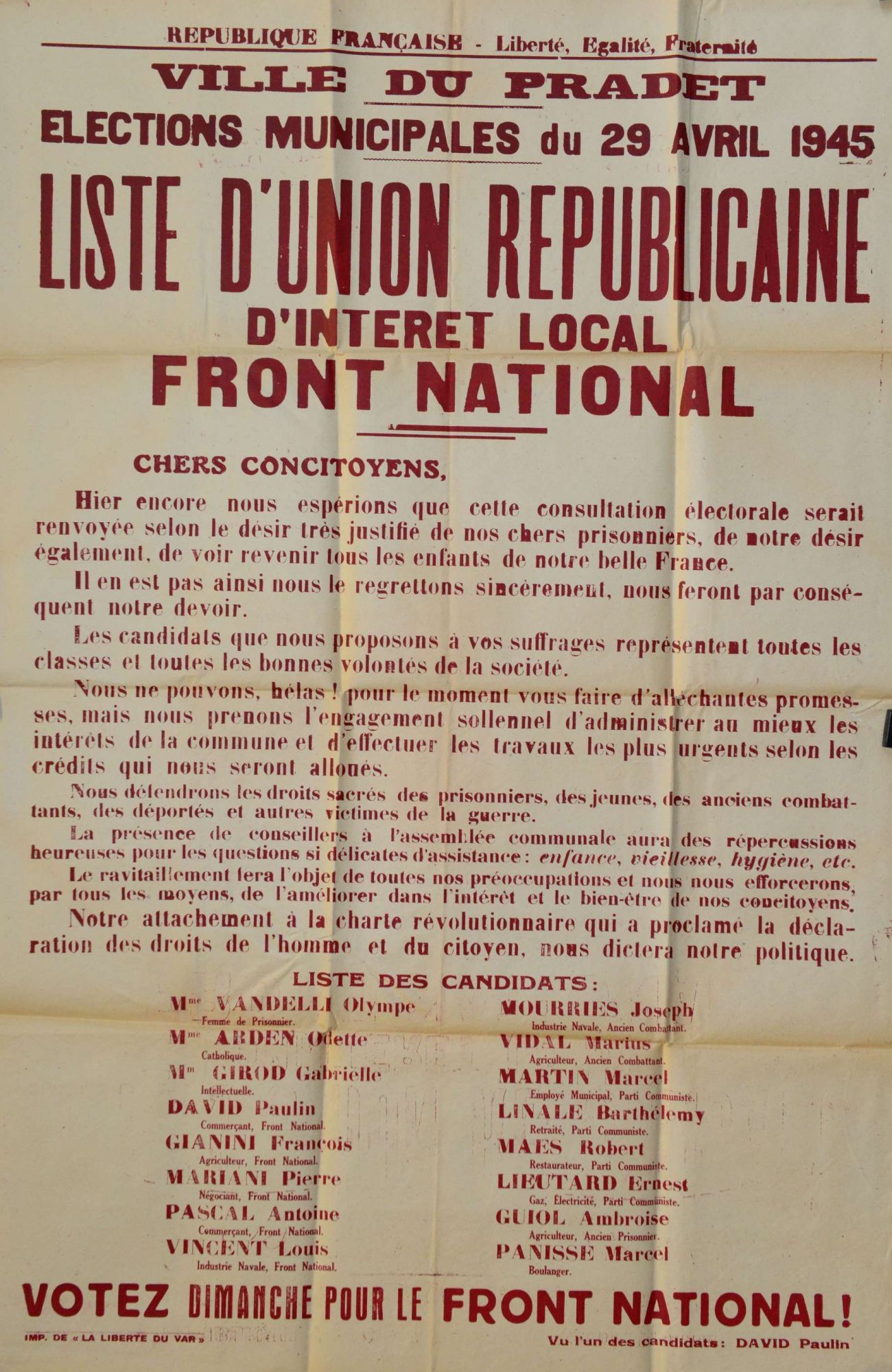 Affiche électorale de la liste d'union républicaine d'intérêt local - Front National pour les élections municipales du 29 avril 1945 au Pradet (2147 W 19)