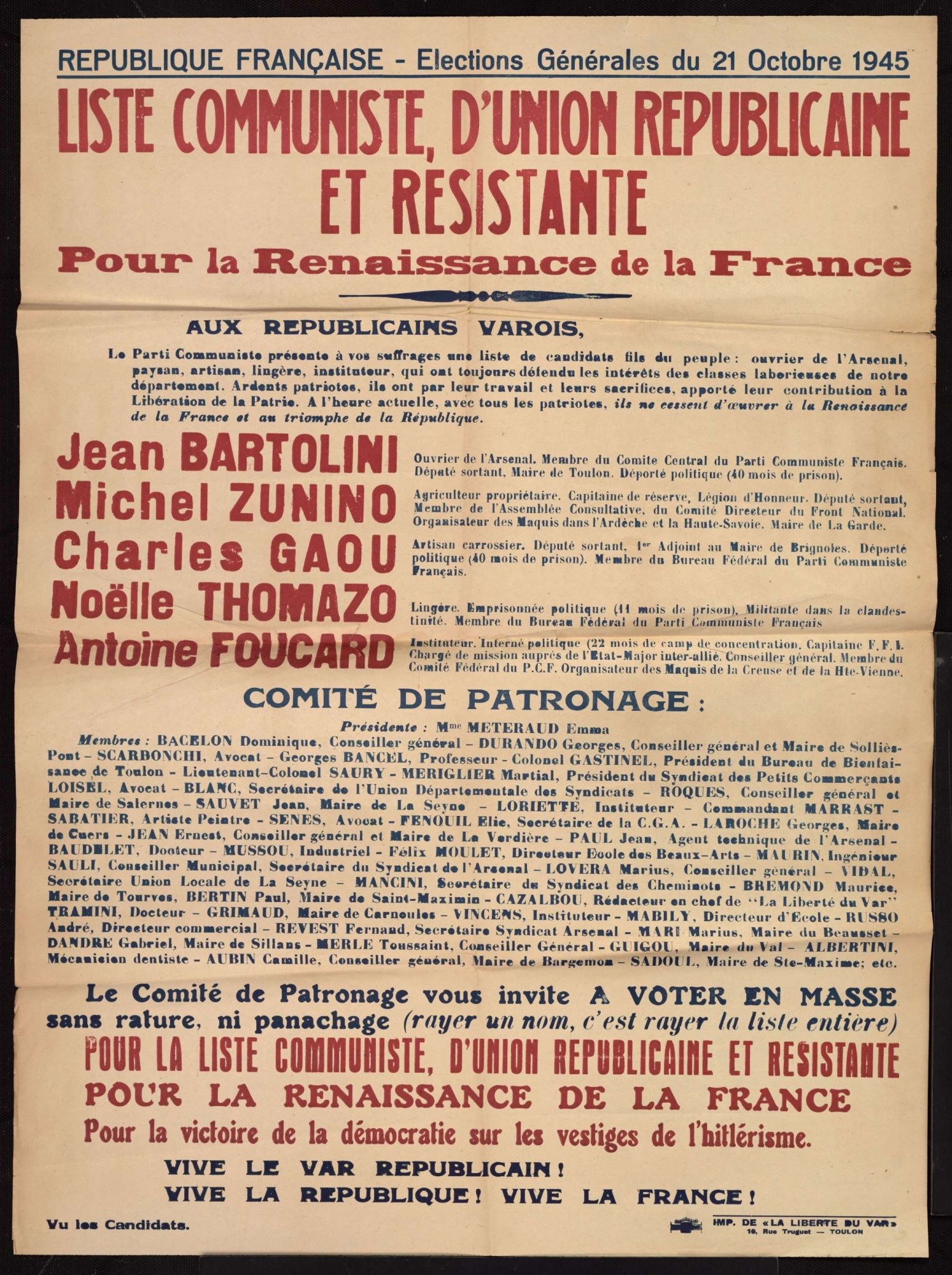 Affiche électorale du parti communiste pour les élections constituantes du 21 octobre 1945 (2 T 21)