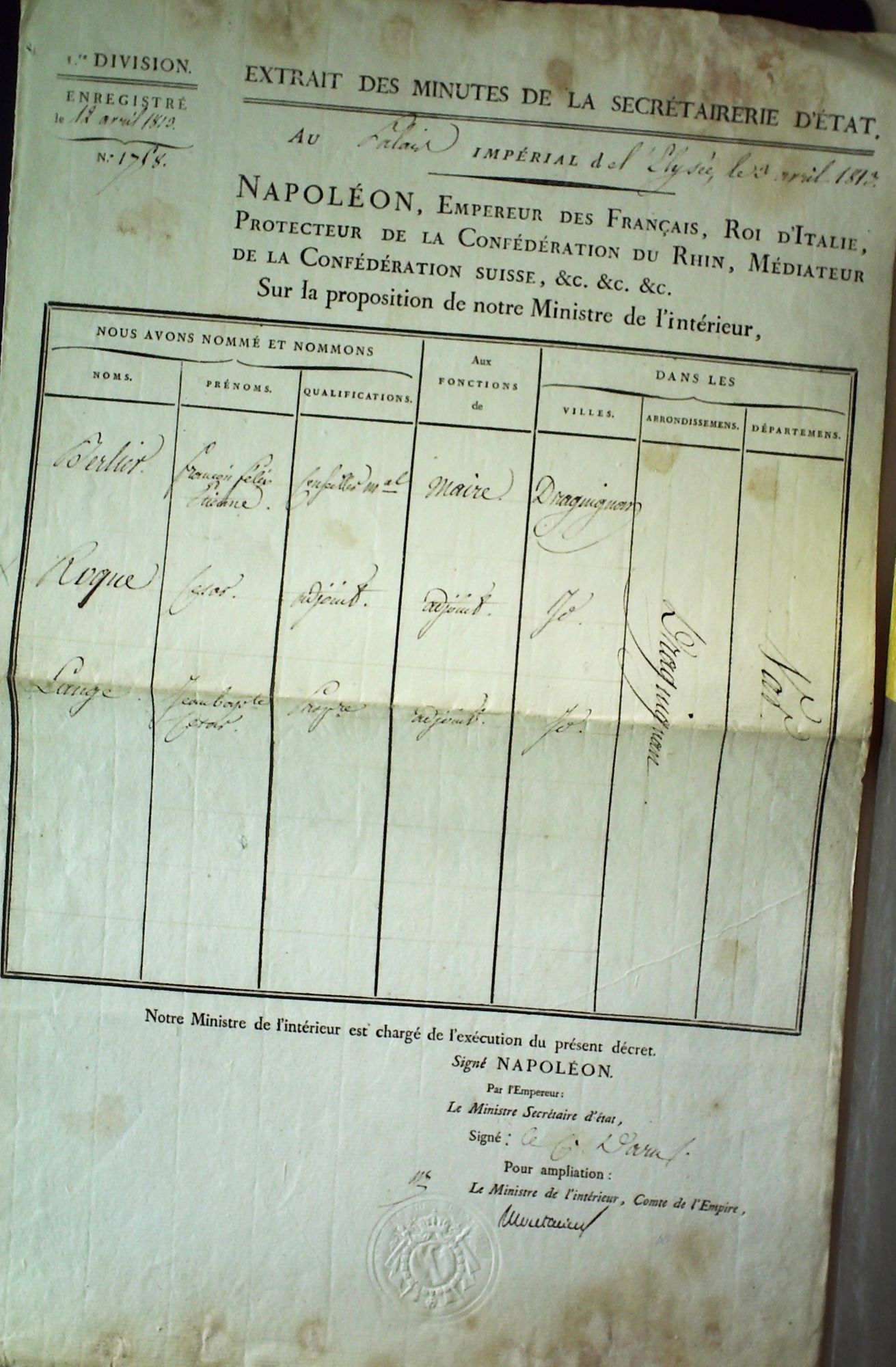 Extrait des minutes de la secrétairerie d'Etat, 3 M 98