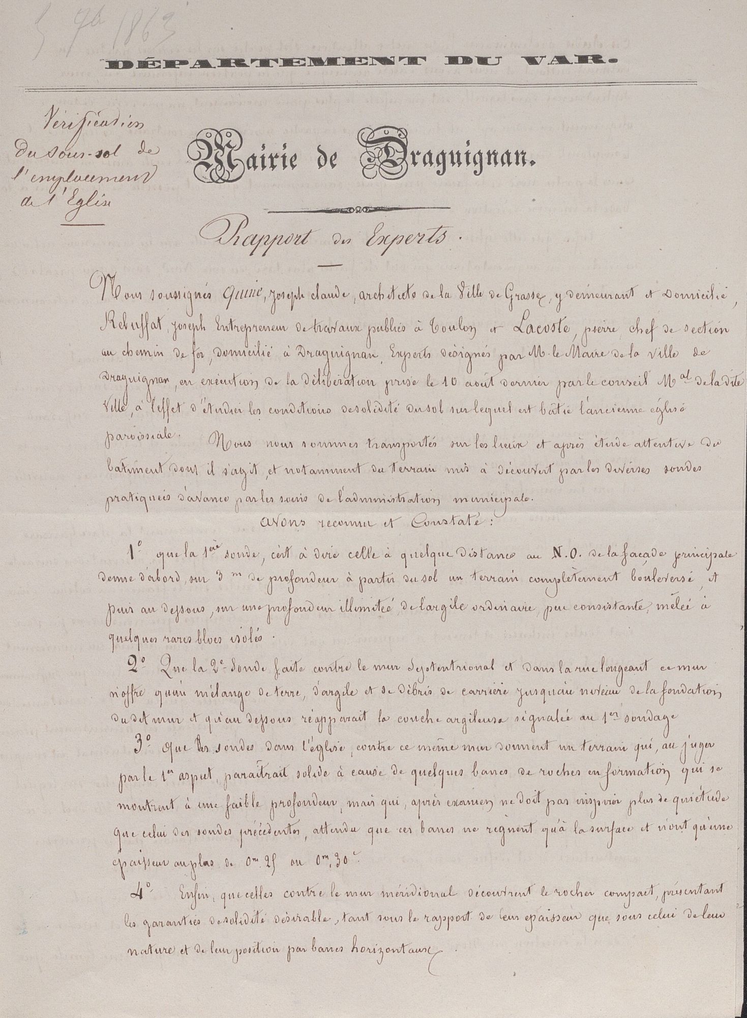 Il s'agit d'un papier à en-tête "Département du Var - Mairie de Draguignan", le reste est manuscrit. L'objet du rapport des expert est inscrit sur la gauche "vérification du sous-sol de l'emplacement de l'église"