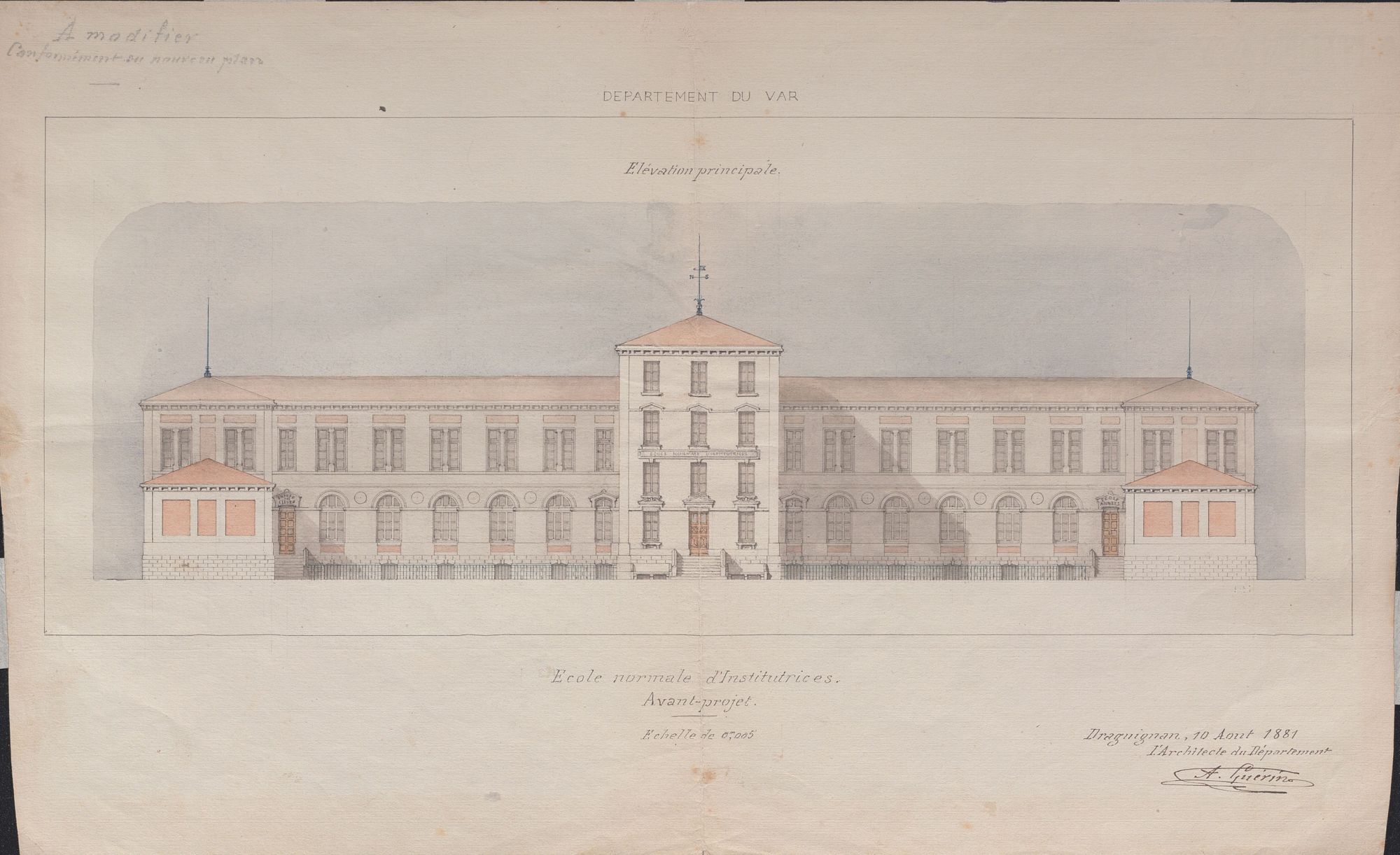 L'architecte A. Guérin à qui l'on doit l'église de Draguignan, est entre-temps devenu Architecte du Département. Cet avant-projet d'école normale d'Institutrices, à l'échelle 0,0005 mètre pour un mètre est une aquarelle du 10 août 1881. Il s'agit d'une élévation du bâtiment (la vue de la façade). Le bâtiment est rectangulaire sur un étage avec deux avancées plus basses sur les côtés (seulement le rez-de-chaussée) et un bâtiment haut, sur quatre étage au milieu, comportant une girouette en toiture. 