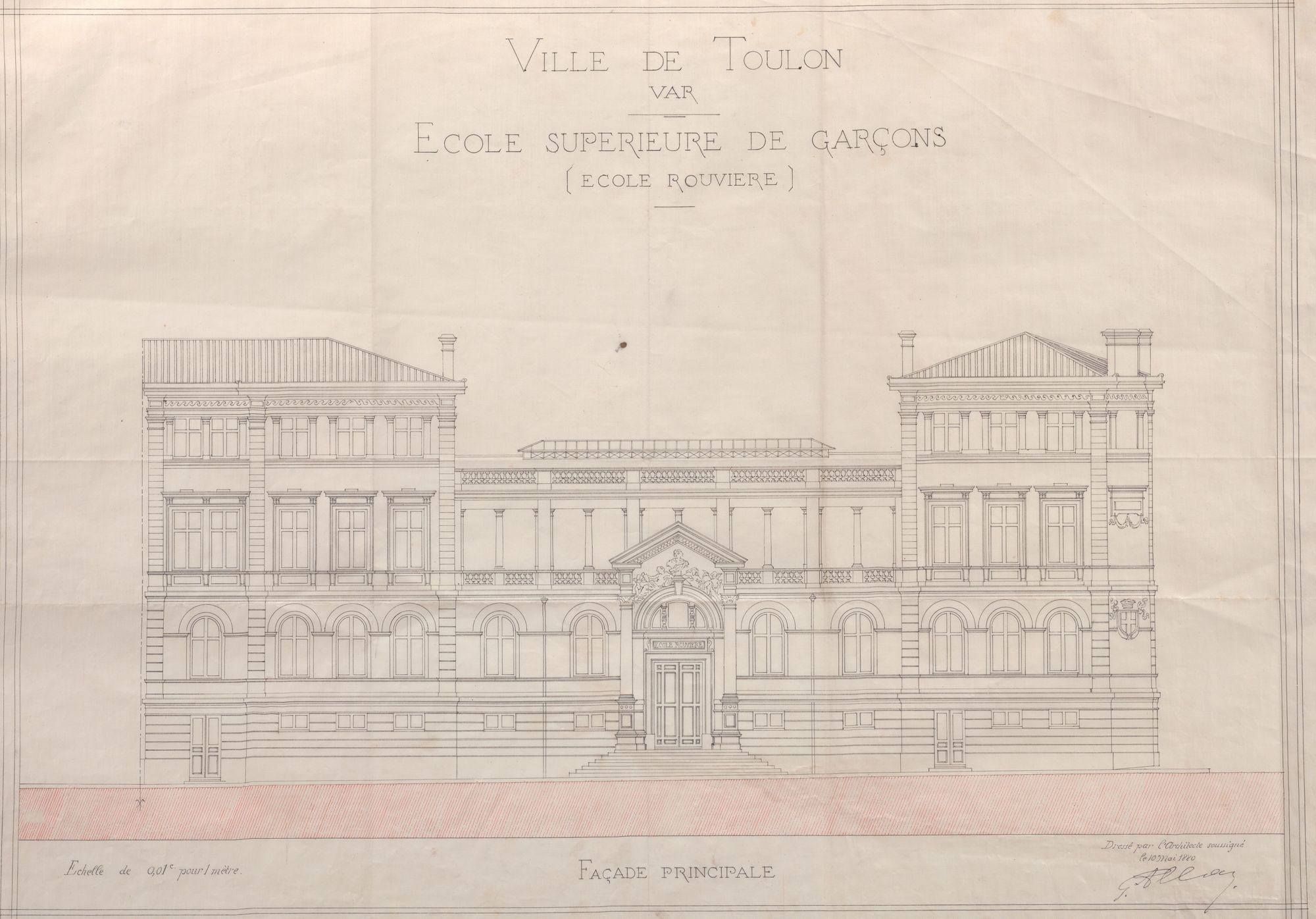 Comme l'église de Draguignan, cette élévation (façade principale) de l'école Rouvière de Toulon est sur toile calandrée, il était conservé plié et sa mise a plat a pris du temps, on voit toujours les marques des anciens plis.
Il s'agit d'un bâtiment rectangulaire avec deux parties avec un étage de plus de chaque côté. Sur le toit de la partie principale apparaît une verrière. La particularité de ce dessin à l'encre est de présenter les détails de la façade jusque dans les statues, ce qui n'est pas fréquent. Sur la partie de droite le blason de la commune de Toulon est présent au niveau du premier étage. Au-dessus de la porte, un buste est figuré. 