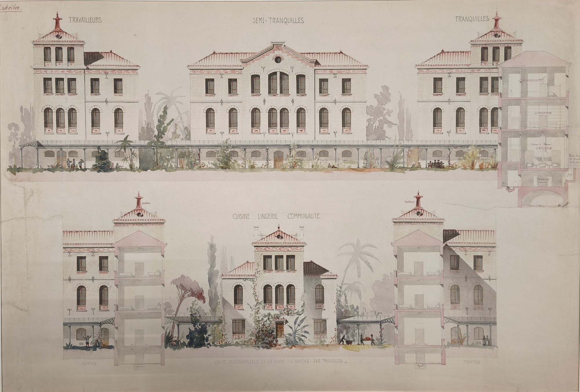 Sur cette magnifique aquarelle de grand format (nous l'avions exposée dans un cadre de 70 cm par 100 cm, orientation paysage), on compte trois élévations en haut, ainsi qu'une coupe et en bas, une élévation et deux coupes. Pour montrer la diversité des architectures des différents bâtiments, l'architecte a dessiné plusieurs bâtiments. Ceux-ci comportent 2 à 3 étages, une allée couverte permet le passage de l'un à l'autre. Les termes utilisés pour désigner les patients peuvent choquer aujourd'hui : travailleurs, semi-tranquilles, tranquilles mais ils étaient courant à l'époque et on les trouve sur le cahier des charges. 
Ces termes sont indiqués au-dessus des bâtiments. Le dessin présente beaucoup de végétation. Des silhouettes de personnes sont dessinés pour figurer la taille des bâtiments, ce sont des travailleurs comme des familles venues rendre visite à leur proche.  
