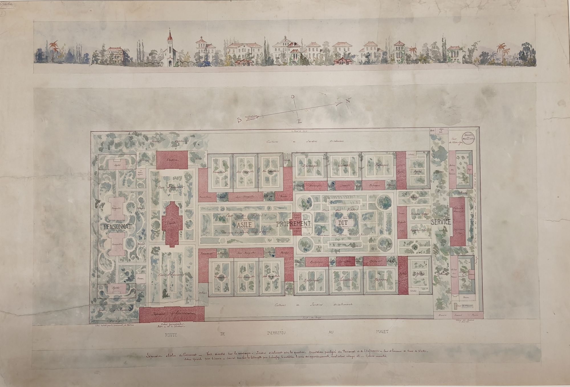 Cette magnifique aquarelle se compose de deux parties : une frise avec tous les bâtiments en haut et un plan général, vu du dessus : les structures intérieures sont absentes, on voit surtout les dénominations des différents bâtiments. 
On s'aperçoit qu'en plus des bâtiments de soin, sur la droite se trouvent la chapelle et le théâtre, pour l'occupation des personnes internées. 