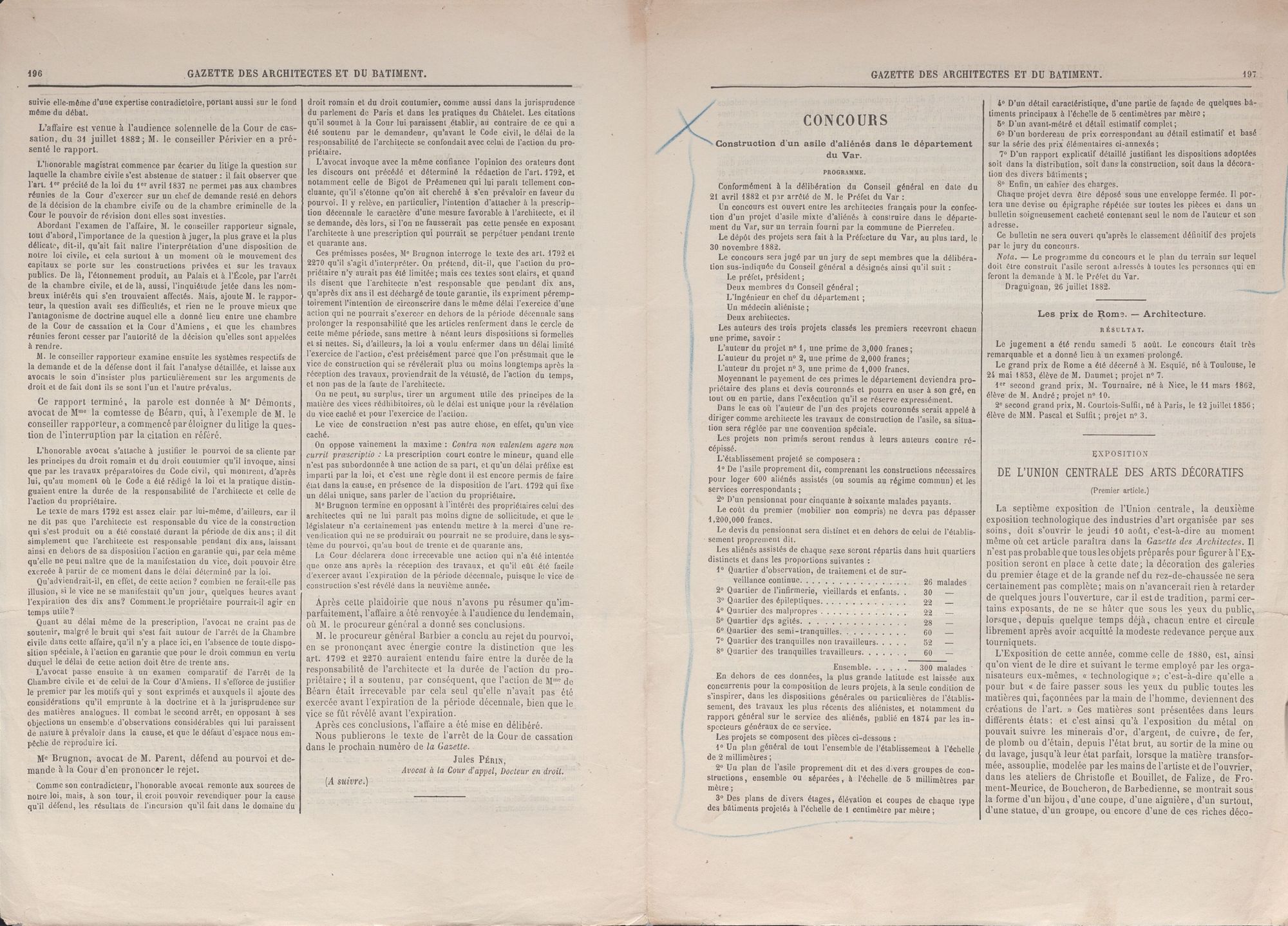 Dans ce journal "la Gazette des architectes et du bâtiment", a été publié le concours pour la construction de l'hôpital psychiatrique de Pierrefeu. Il détaille le cahier des charges des attendus de cet établissement. 