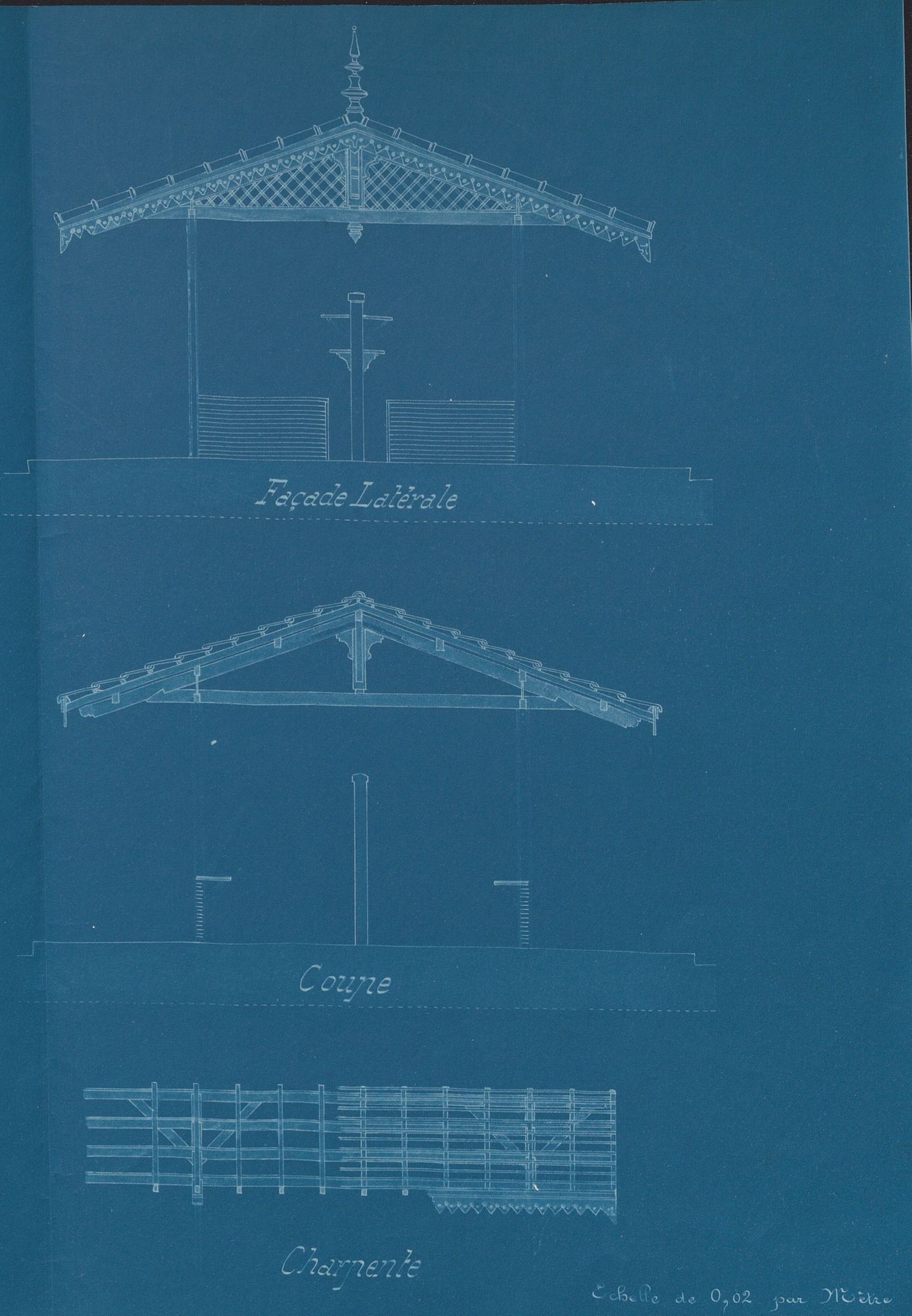 Comme pour le casino de Hyères, le plan est dessiné avec la technique du cyanotype. Nous pouvons observer l'élévation de la façade latérale en haut, au milieu la coupe et en bas la charpente, dessinées à l'échelle 0,02 mètre par mètre.
La toiture du marché couvert est à double pente avec une charpente en bois.