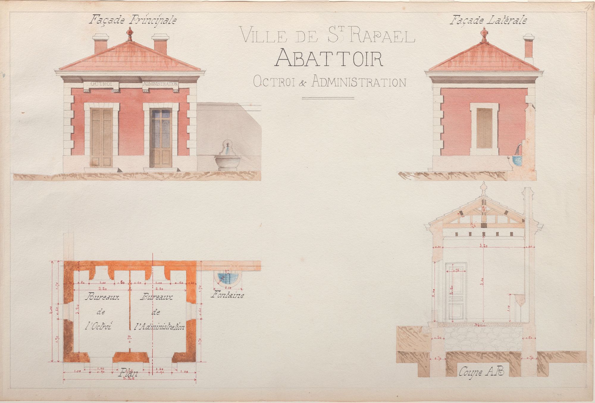 Cette magnifique aquarelle comporte 4 dessins. De part et d'autre des indications de la commune et du bâtiment, nous trouvons les élévations de la façade principale, à gauche et de la façade latérale à droite. Les façade sont rouge avec les pignons blancs et les portes en bois, on voit une fontaine à côté du bâtiment. Sous l'élévation de la façade principale se trouve le plan, vu du dessus avec les détails des deux pièces : bureaux de l'octroi et bureaux de l'administration, chacun ayant sa porte d'entrée mais étant reliés par une porte intérieure. Sous l'élévation de la façade latérale, se trouve une coupe qui permet de voir la porte et la charpente, ainsi que les soubassements.