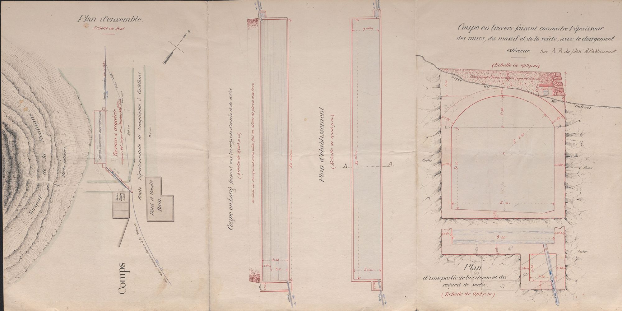 le dessin de droite est le même que le précédent qu'il recouvre exactement. Dans la partie gauche, on retrouve un plan de situation, qui indique où se situe cette citerne au niveau de la montagne. 