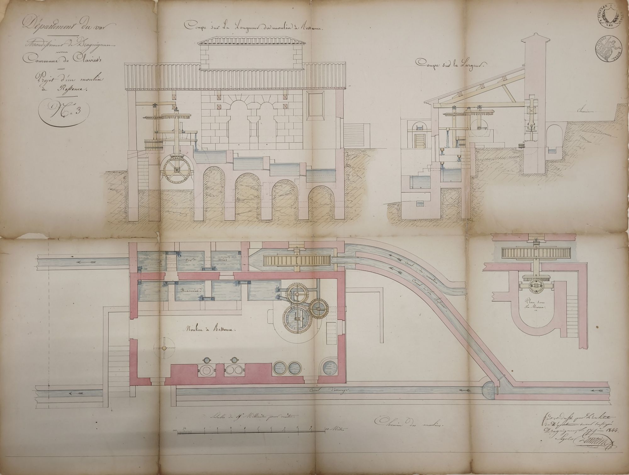 Ce plan du moulin de Claviers, à l'aquarelle, est composé de 4 dessins : en haut 2 coupes et en bas 2 plans. L'architecte va ici jusqu'à dessiner les rouages du moulin. Sur les vues de dessus, nous voyons la circulation de l'eau, en bleu clair. Les murs, quant à eux, sont en rose. 